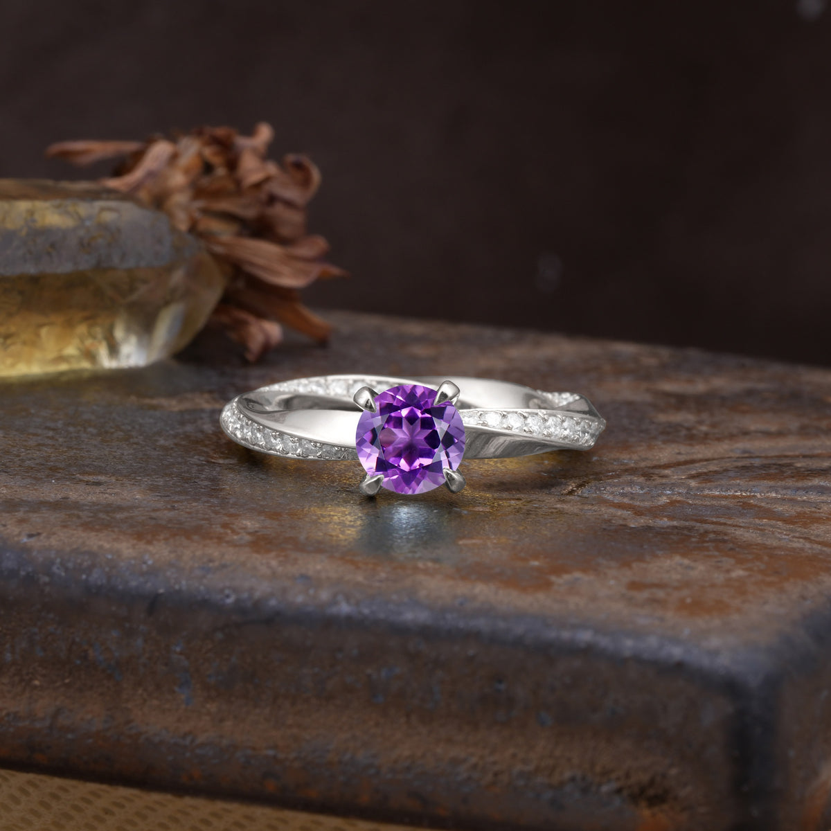 Unique Twisted Ring With 4 Prong Round Cut Amethyst Engagement Ring - Additional view