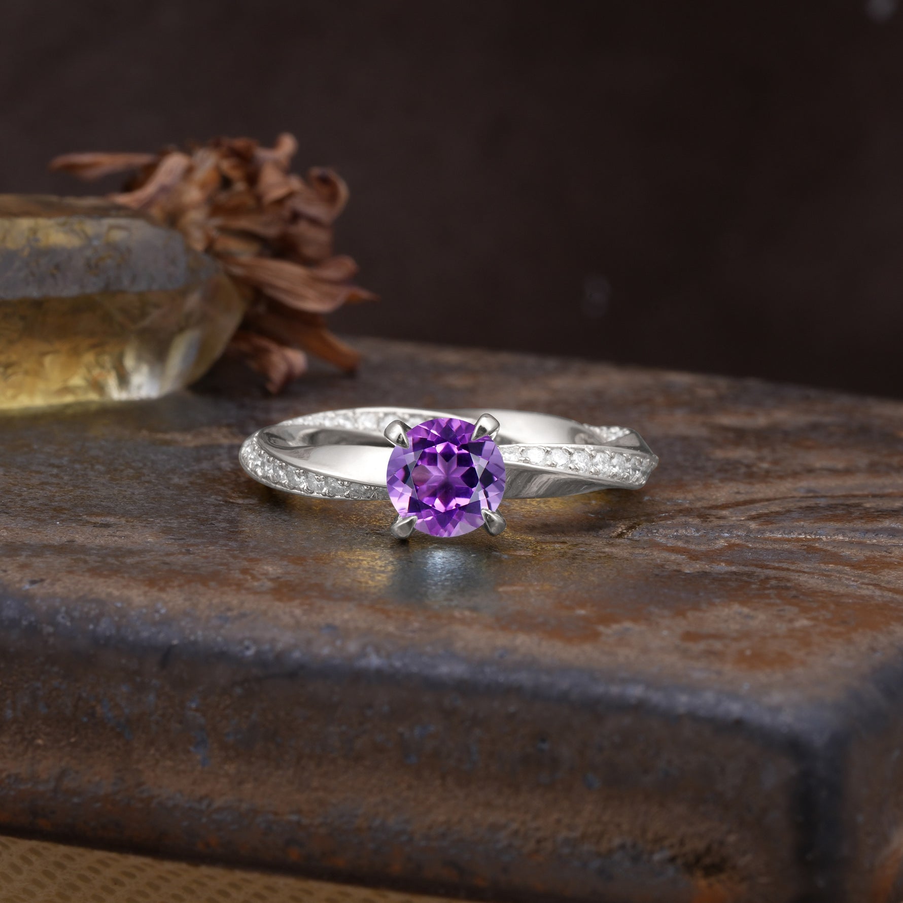 Unique Twisted Ring With 4 Prong Round Cut Amethyst Engagement Ring - Additional view