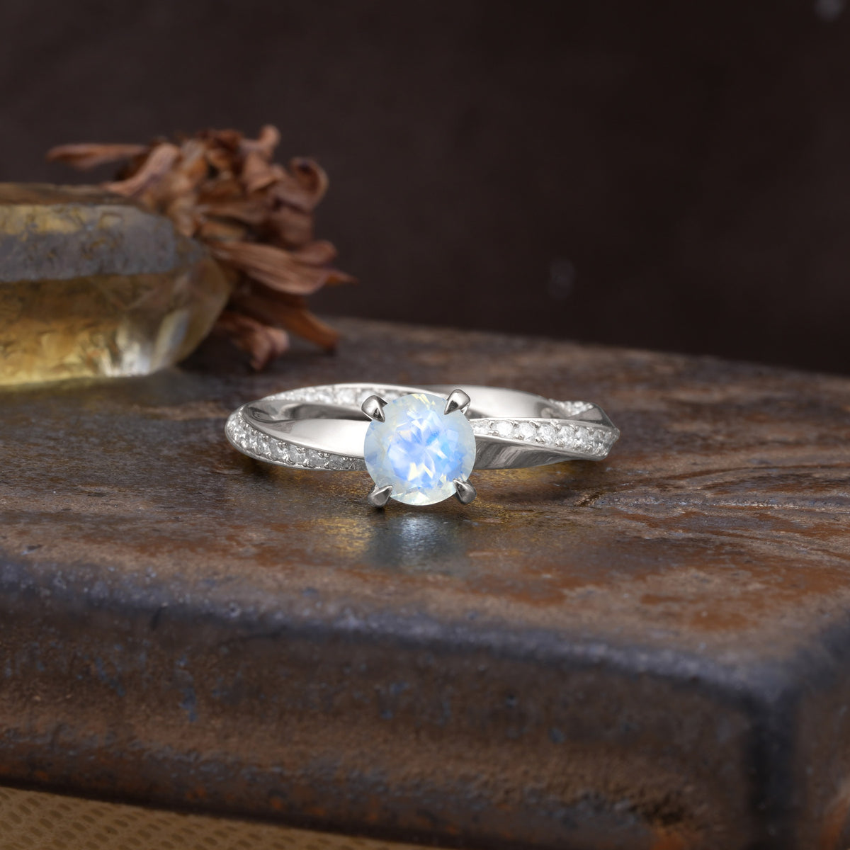 Unique Twisted Ring With 4 Prong Round Cut Moonstone Engagement Ring - Additional view