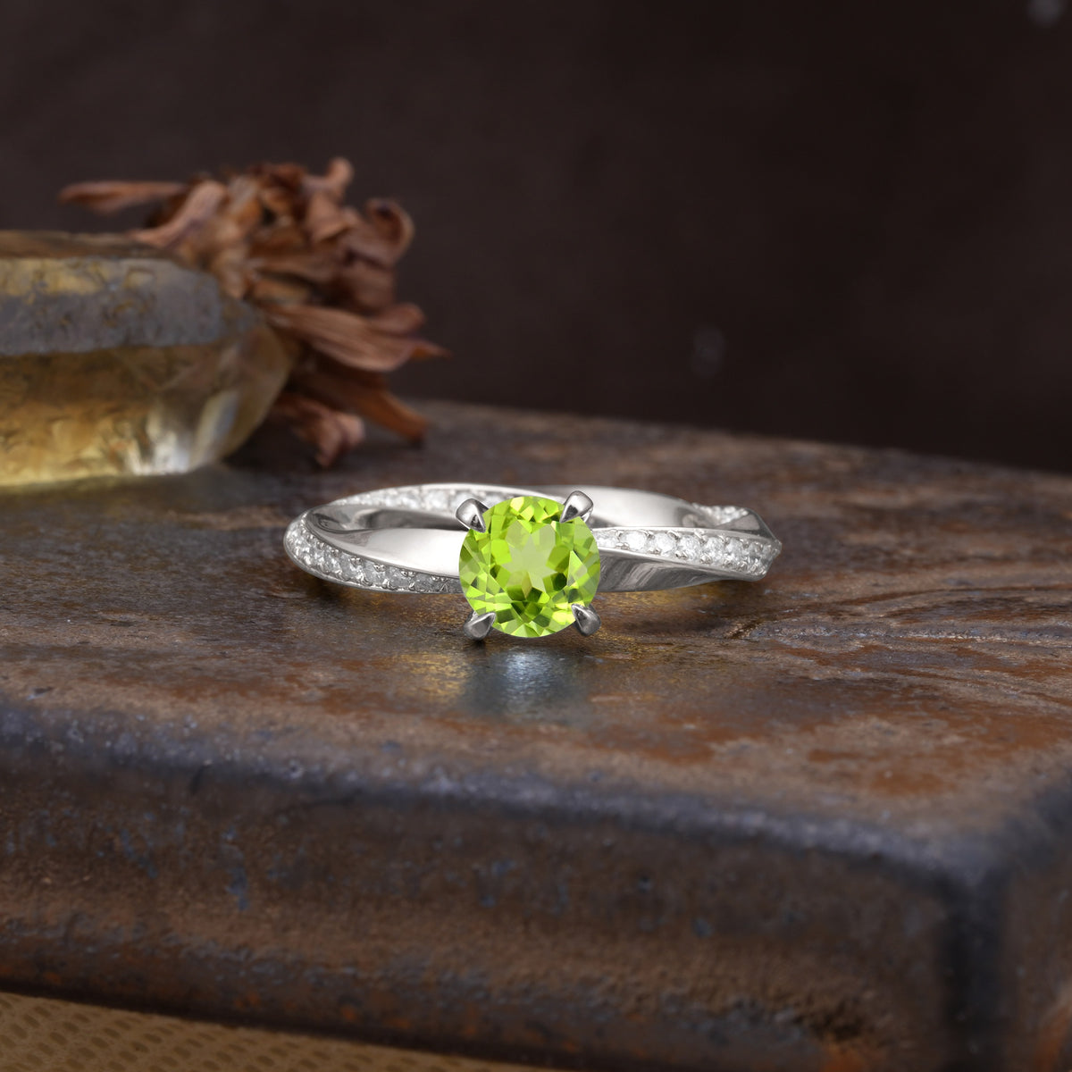 Unique Twisted Ring With 4 Prong Round Cut Peridot Engagement Ring - Additional view
