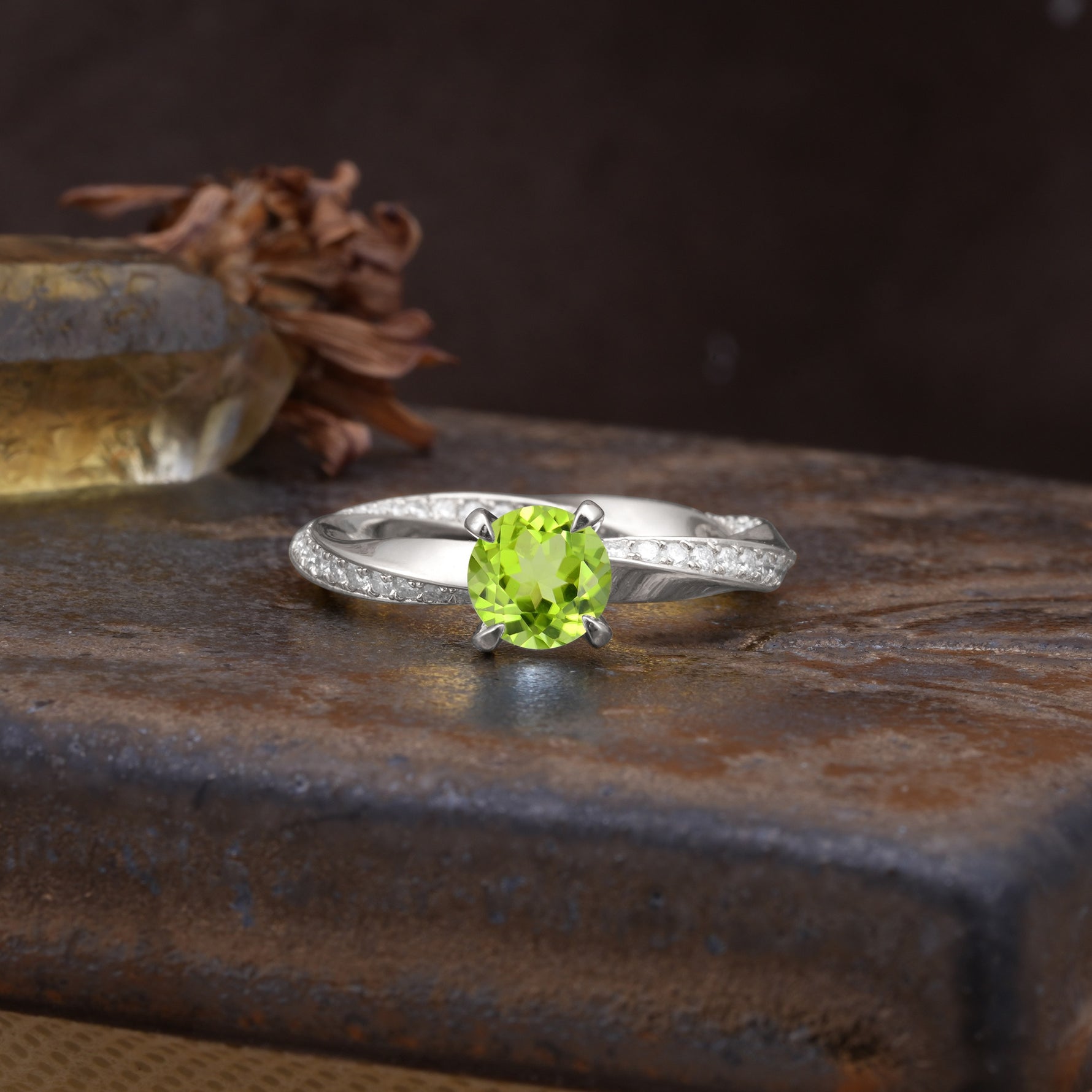 Unique Twisted Ring With 4 Prong Round Cut Peridot Engagement Ring - Additional view
