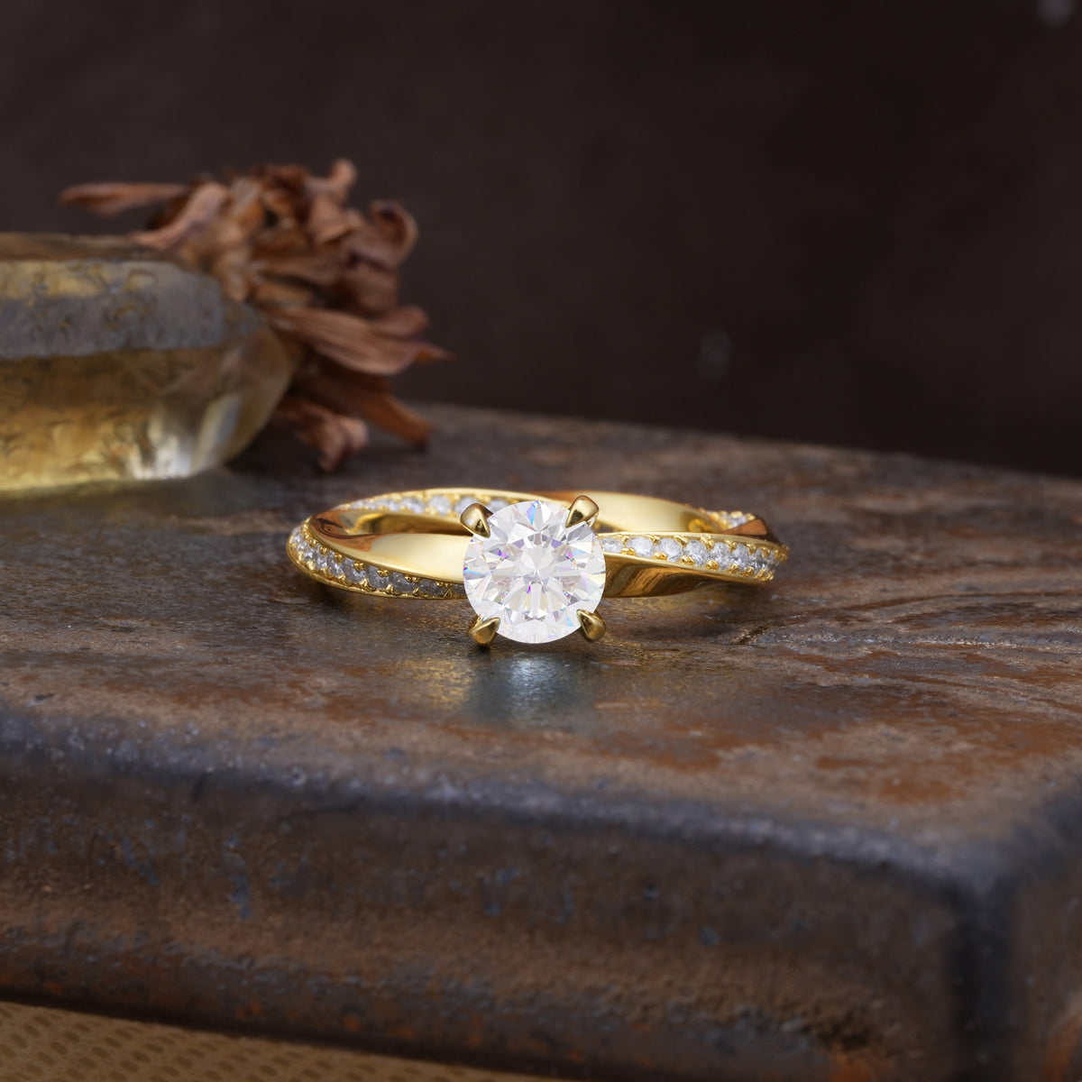 Unique Twisted Ring With 4 Prong Round Cut Moissanite Engagement Ring - Additional view