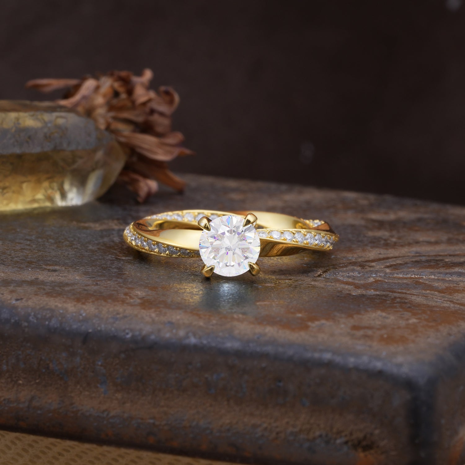 Unique Twisted Ring With 4 Prong Round Cut Moissanite Engagement Ring - Additional view