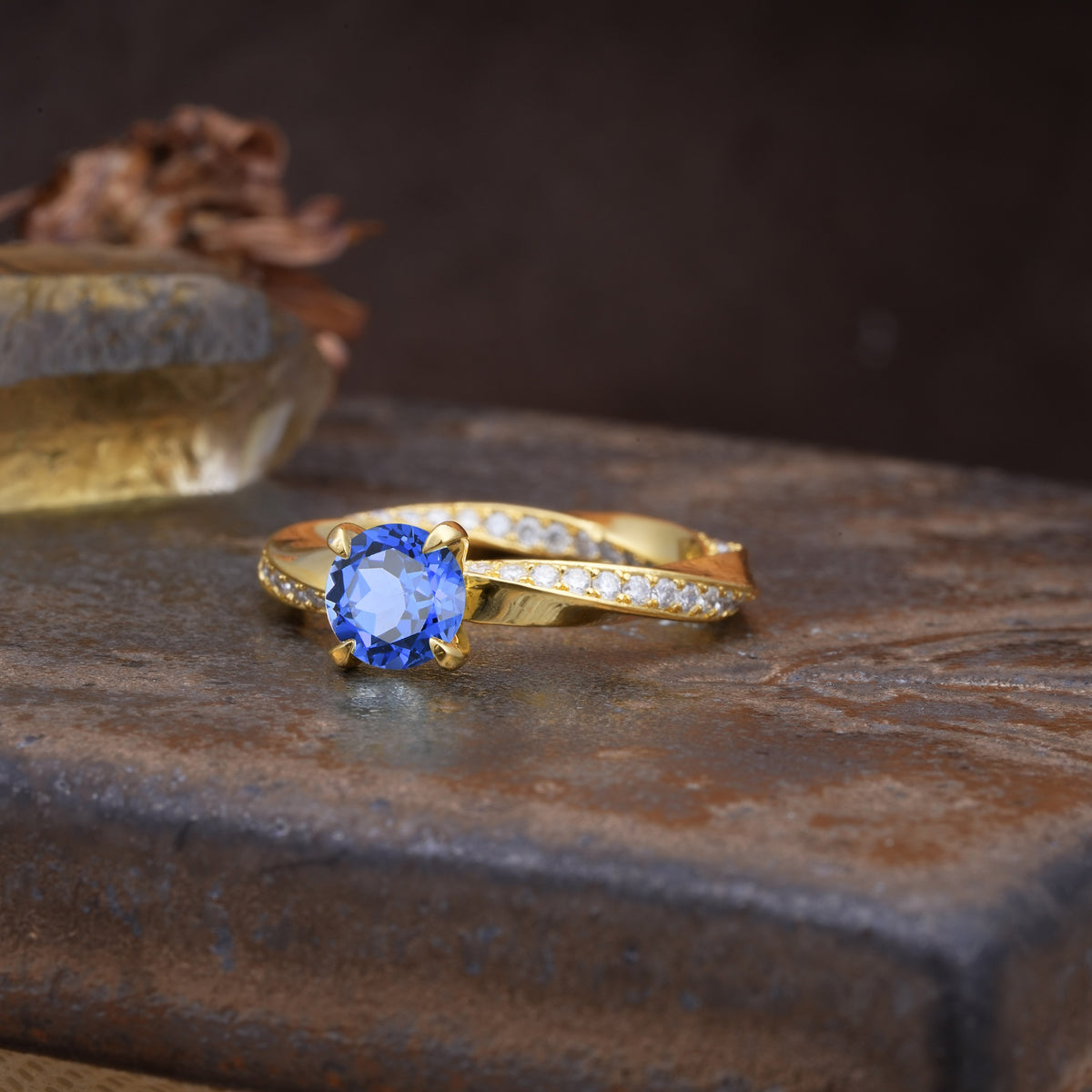 Unique Twisted Ring With 4 Prong Round Cut Sapphire Engagement Ring - Additional view