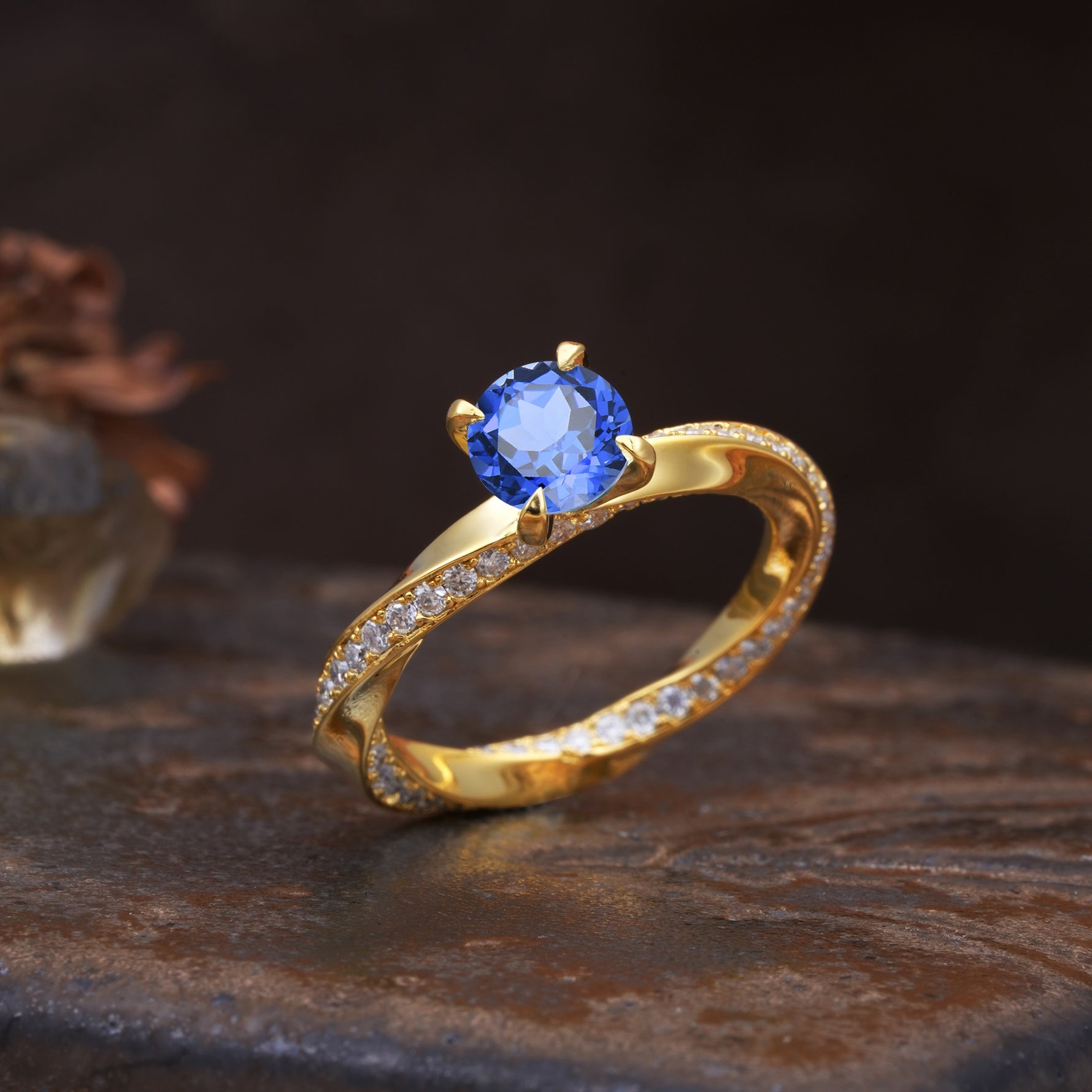 Unique Twisted Ring With 4 Prong Round Cut Sapphire Engagement Ring - Additional view