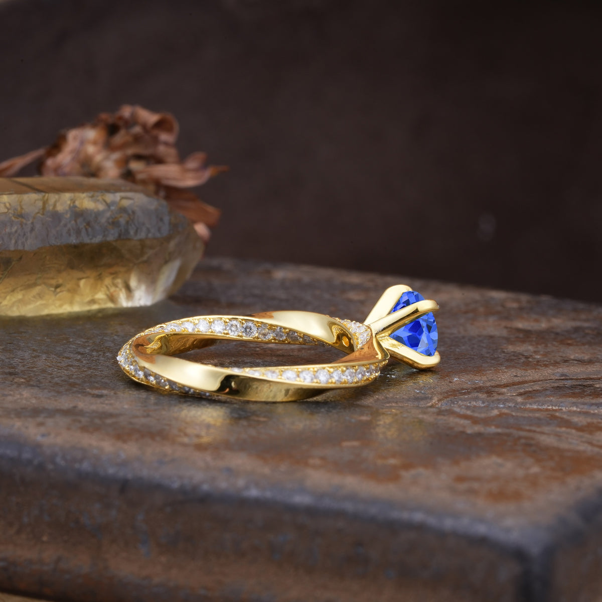 Unique Twisted Ring With 4 Prong Round Cut Sapphire Engagement Ring - Additional view