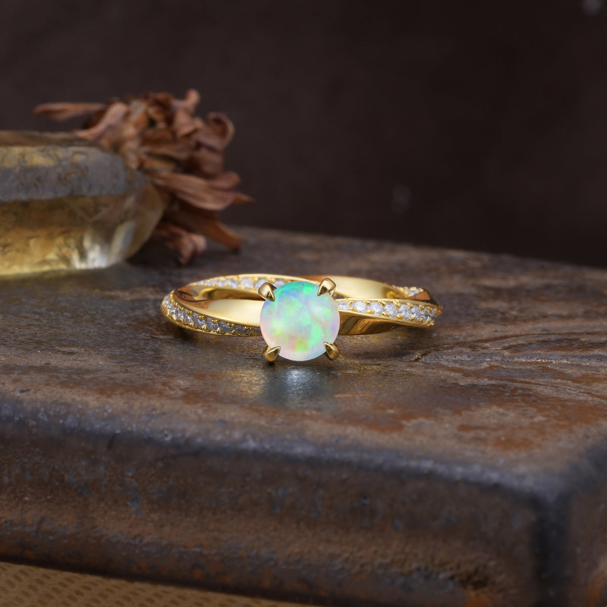 Unique Twisted Ring With 4 Prong Round Cut Fire Opal Engagement Ring - Additional view