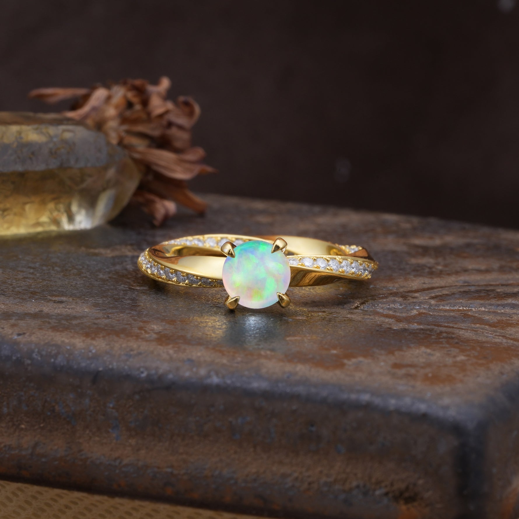 Unique Twisted Ring With 4 Prong Round Cut Fire Opal Engagement Ring - Additional view