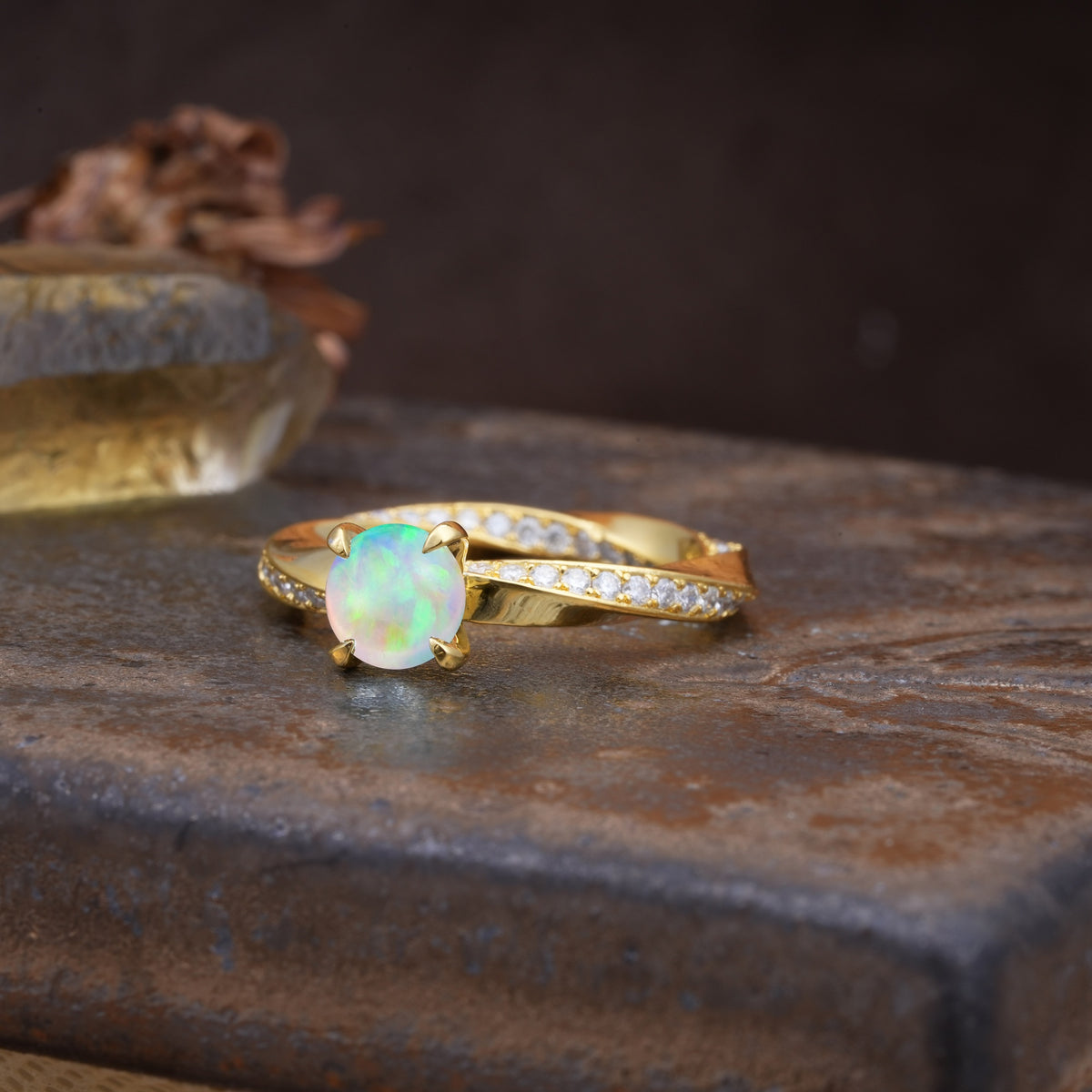 Unique Twisted Ring With 4 Prong Round Cut Fire Opal Engagement Ring - Additional view