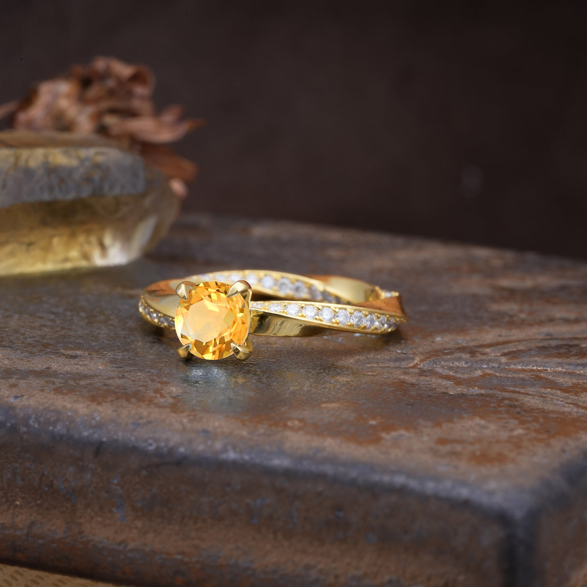 Unique Twisted Ring With 4 Prong Round Cut Citrine Engagement Ring - Additional view