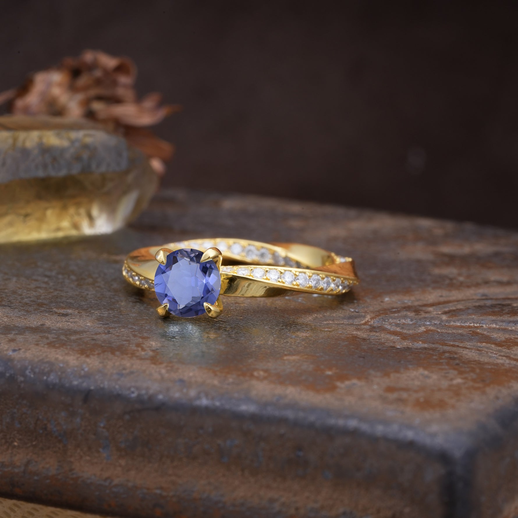 Unique Twisted Ring With 4 Prong Round Cut Tanzanite Engagement Ring - Additional view
