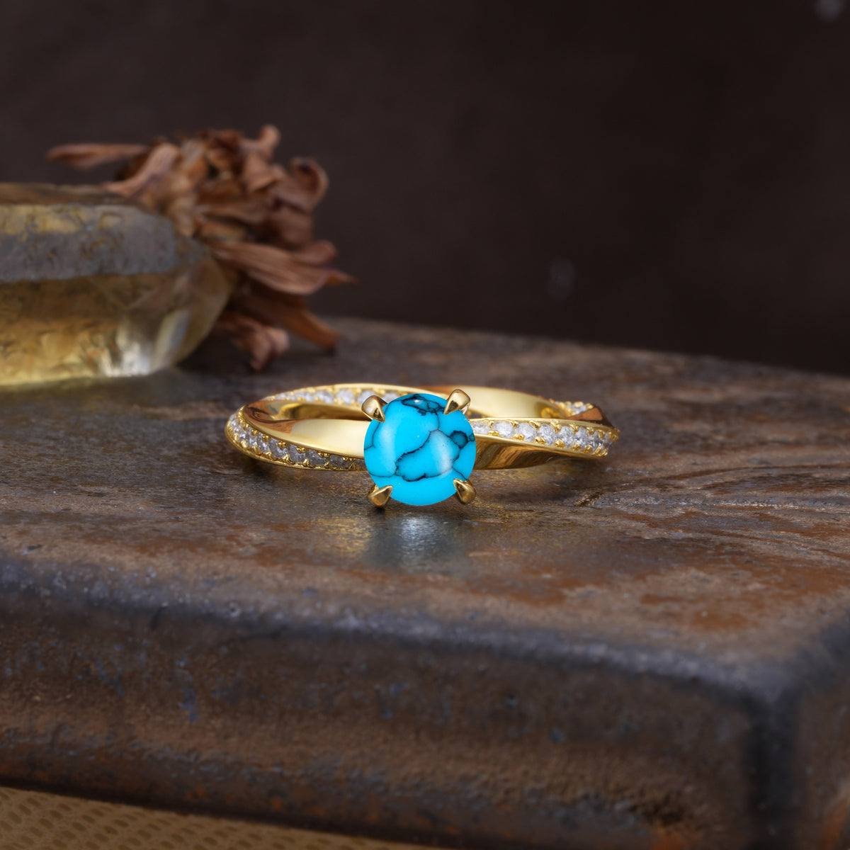 Unique Twisted Ring With 4 Prong Round Cut Turquoise Engagement Ring - Additional view