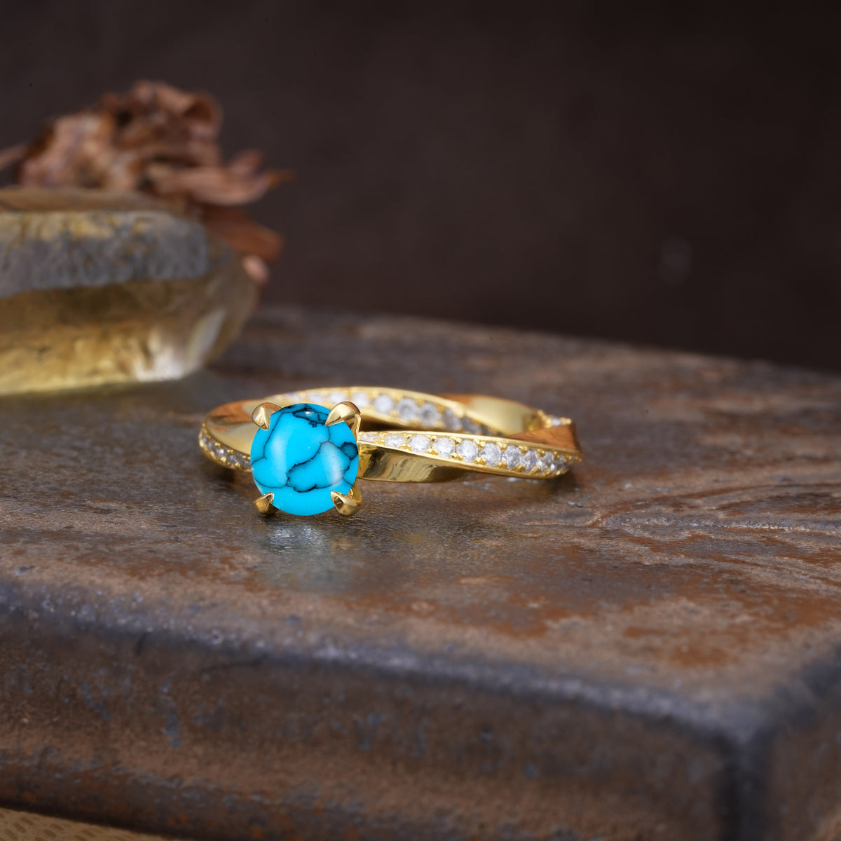 Unique Twisted Ring With 4 Prong Round Cut Turquoise Engagement Ring - Additional view
