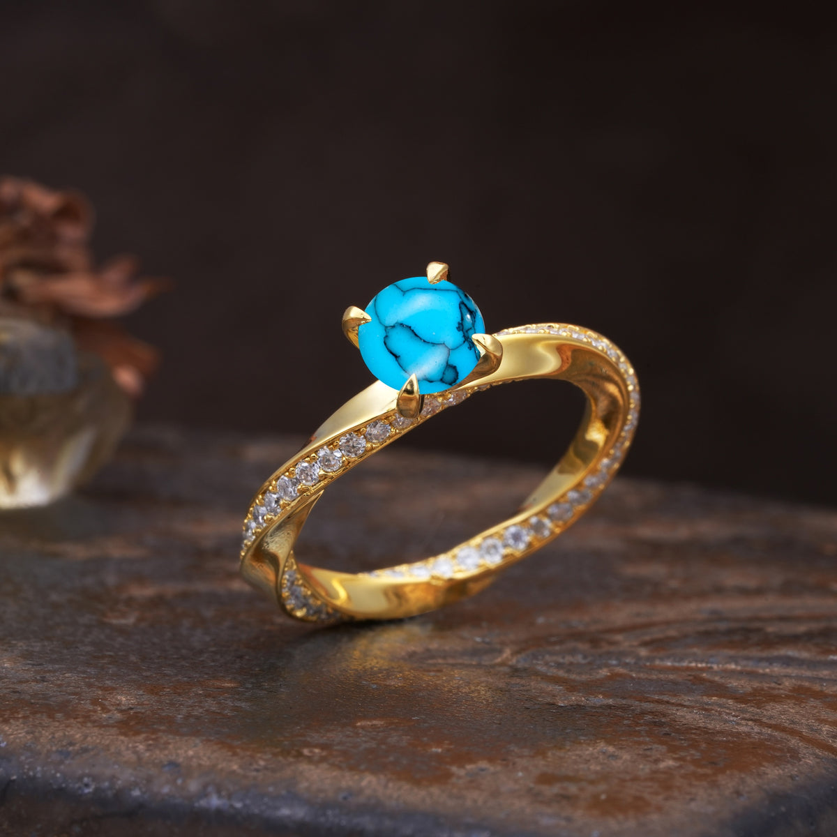 Unique Twisted Ring With 4 Prong Round Cut Turquoise Engagement Ring - Additional view