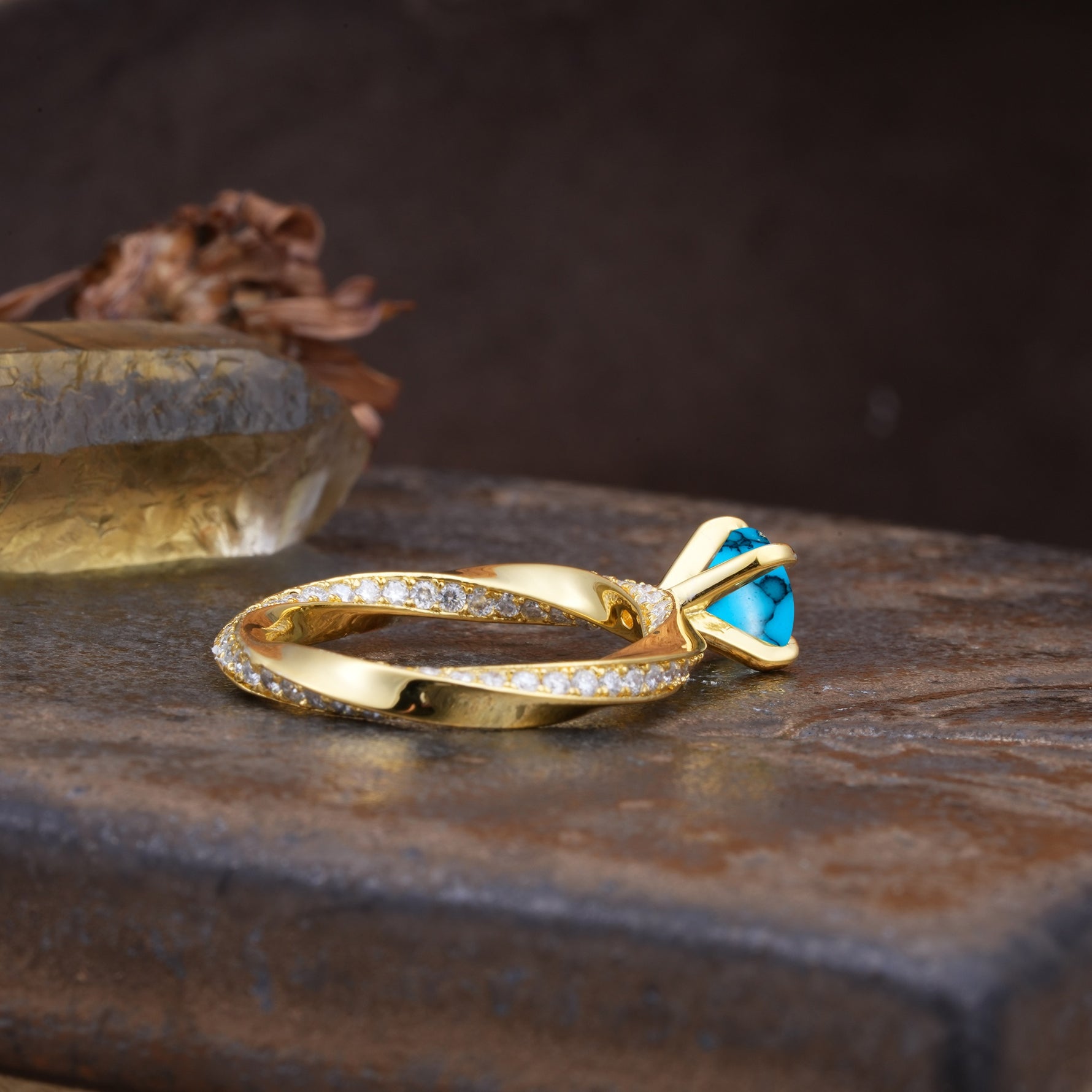 Unique Twisted Ring With 4 Prong Round Cut Turquoise Engagement Ring - Additional view