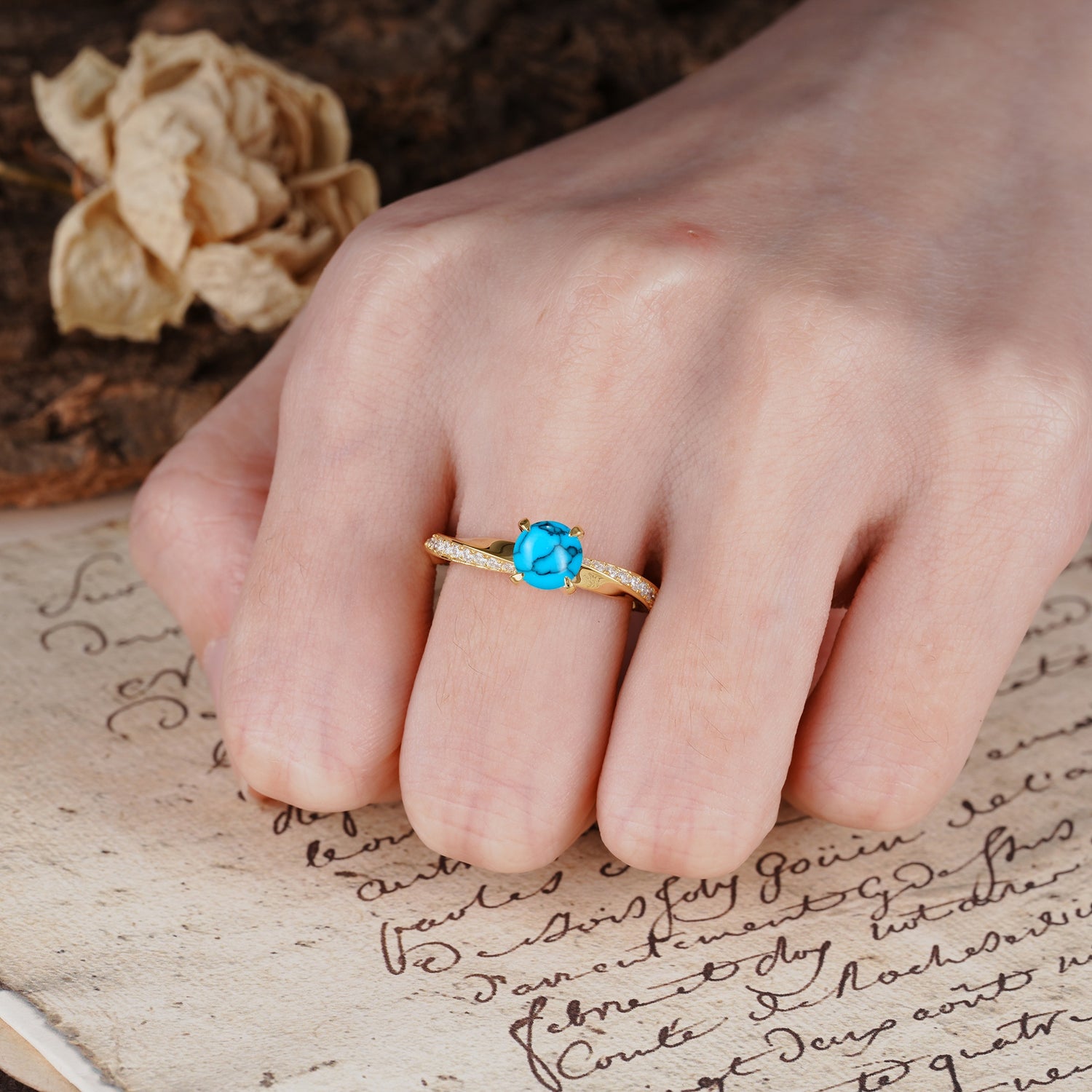 Unique Twisted Ring With 4 Prong Round Cut Turquoise Engagement Ring - Additional view