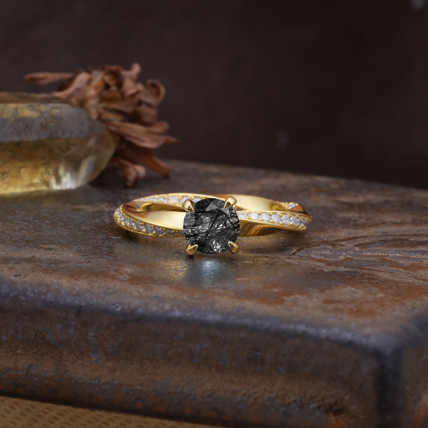 Unique Twisted Ring With 4 Prong Round Cut Black Rutilated Quartz Engagement Ring - Additional view