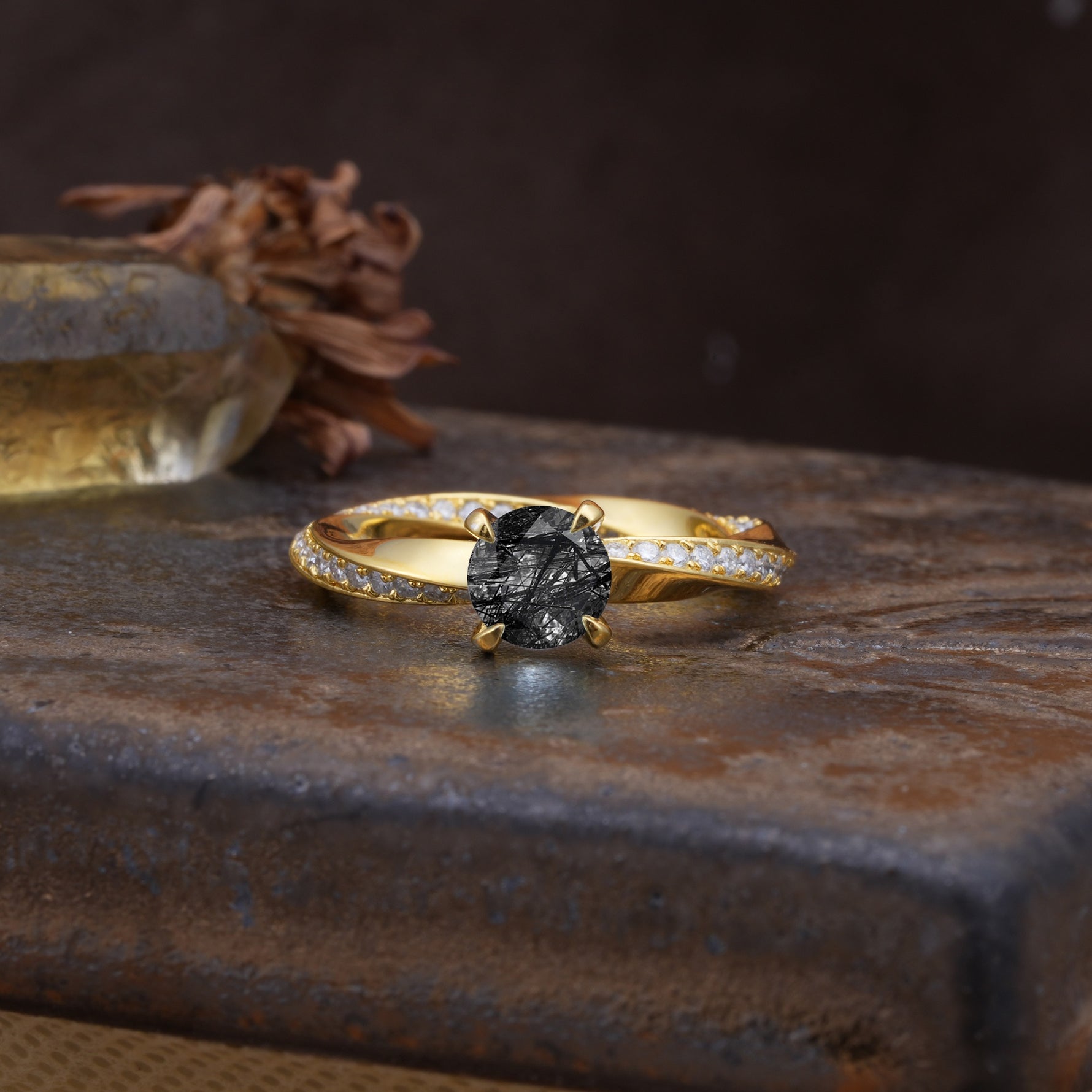 Unique Twisted Ring With 4 Prong Round Cut Black Rutilated Quartz Engagement Ring - Additional view