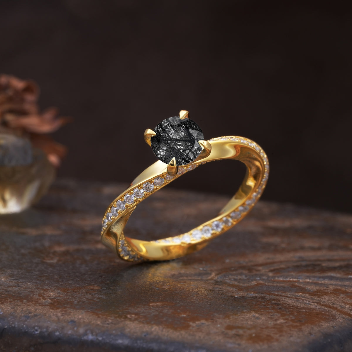 Unique Twisted Ring With 4 Prong Round Cut Black Rutilated Quartz Engagement Ring - Additional view