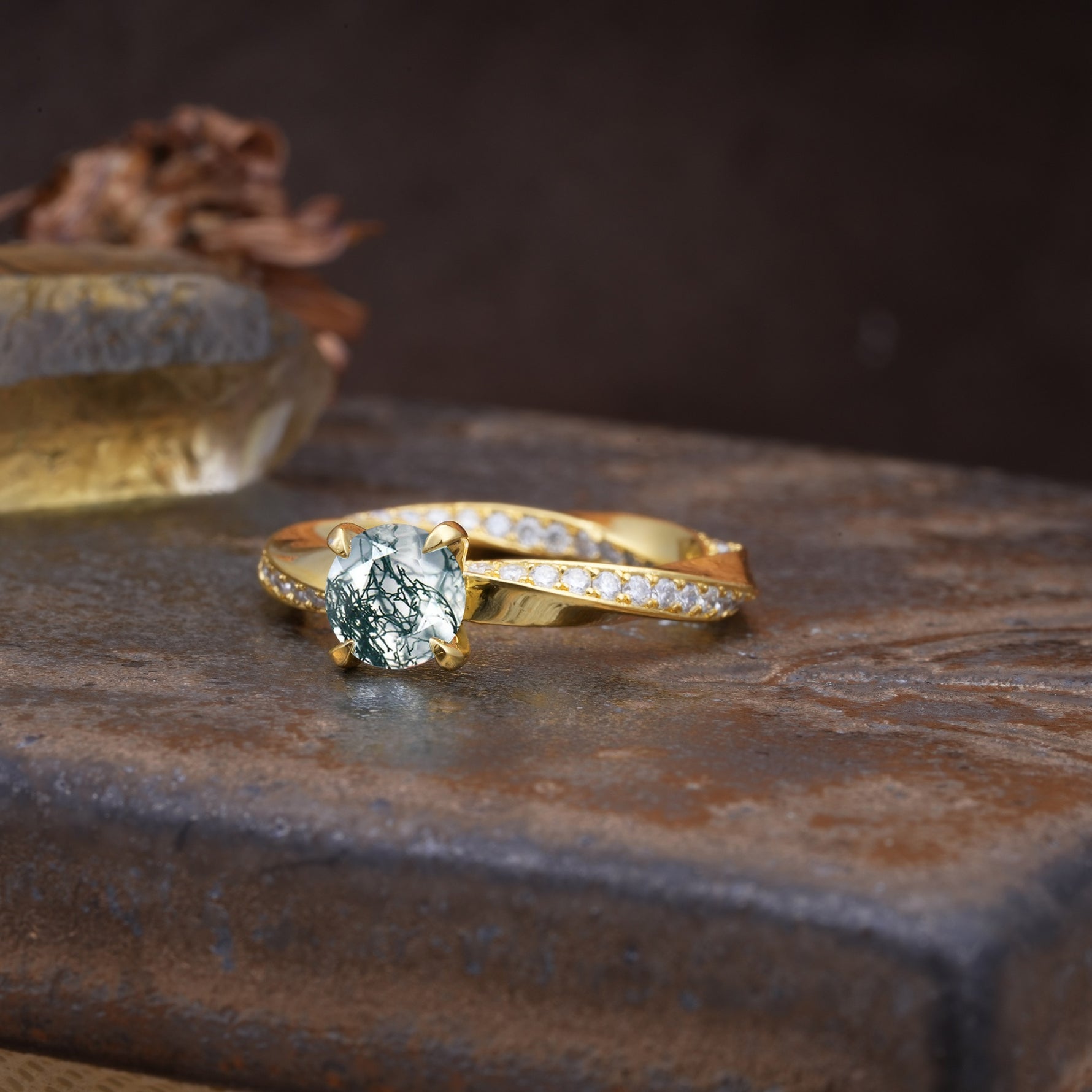 Unique Twisted Ring With 4 Prong Round Cut Moss Agate Engagement Ring - Additional view