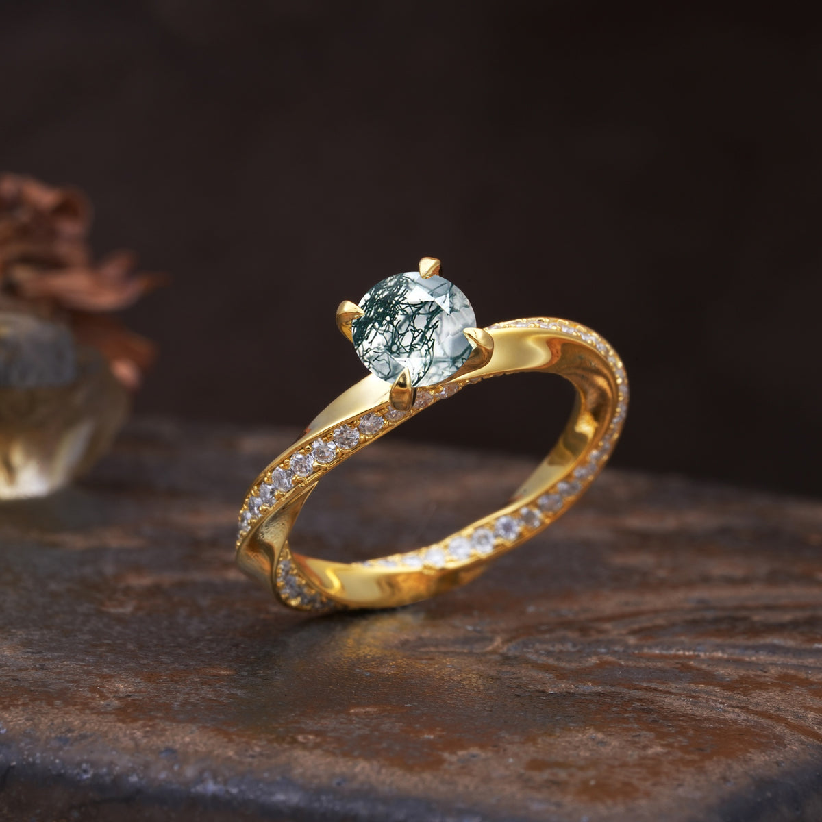 Unique Twisted Ring With 4 Prong Round Cut Moss Agate Engagement Ring - Additional view
