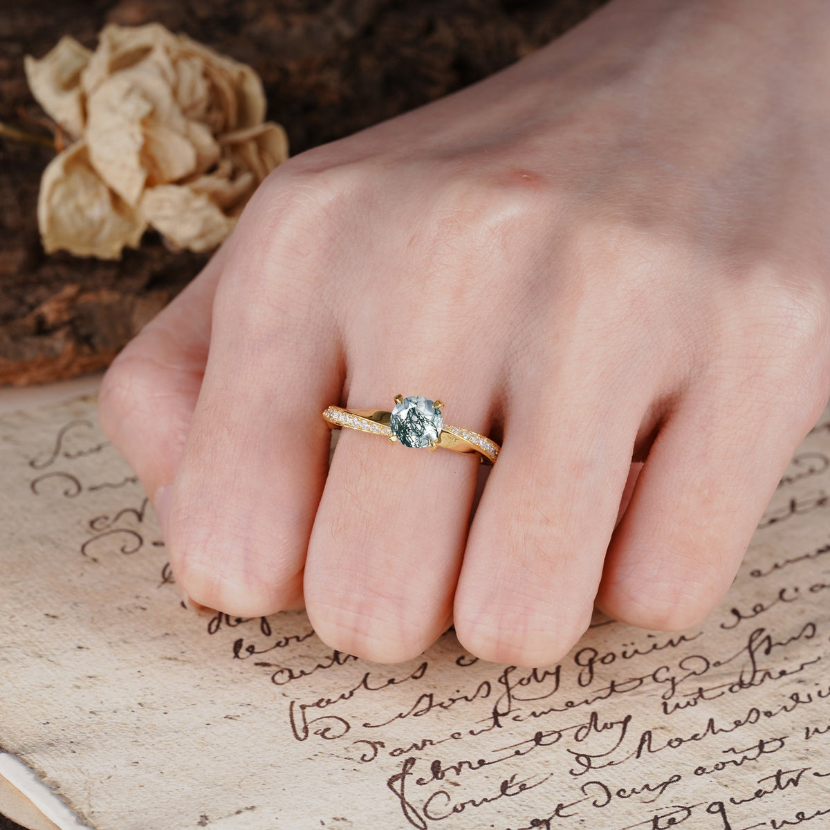 Unique Twisted Ring With 4 Prong Round Cut Moss Agate Engagement Ring - Additional view
