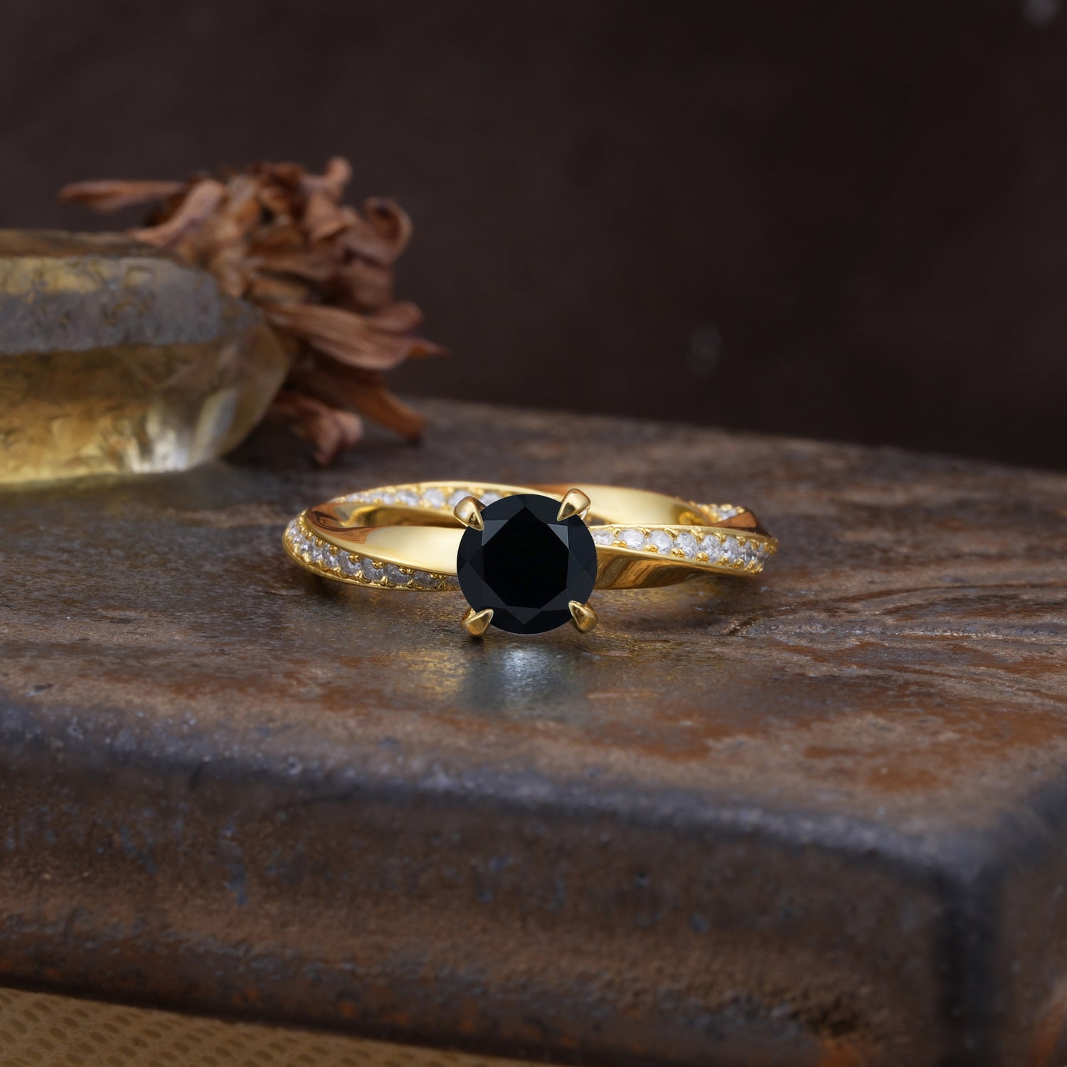 Unique Twisted Ring With 4 Prong Round Cut Black Onyx Engagement Ring - Additional view