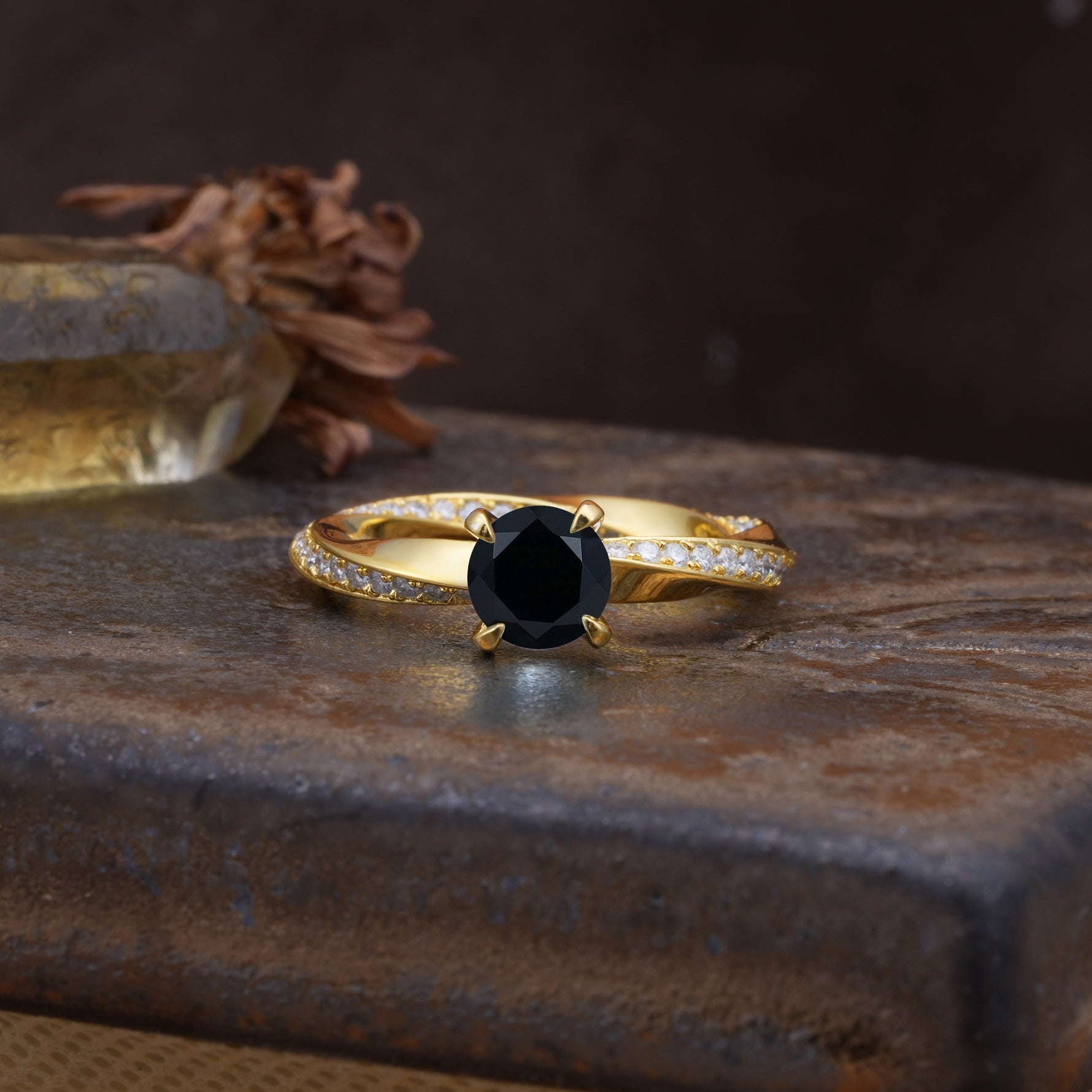 Unique Twisted Ring With 4 Prong Round Cut Black Onyx Engagement Ring - Additional view
