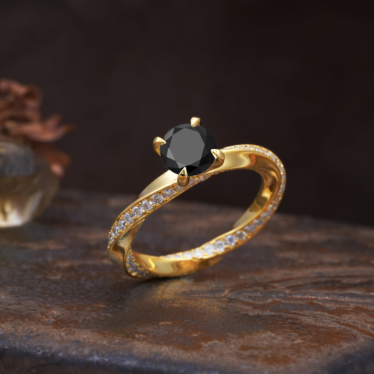 Unique Twisted Ring With 4 Prong Round Cut Black Onyx Engagement Ring - Additional view