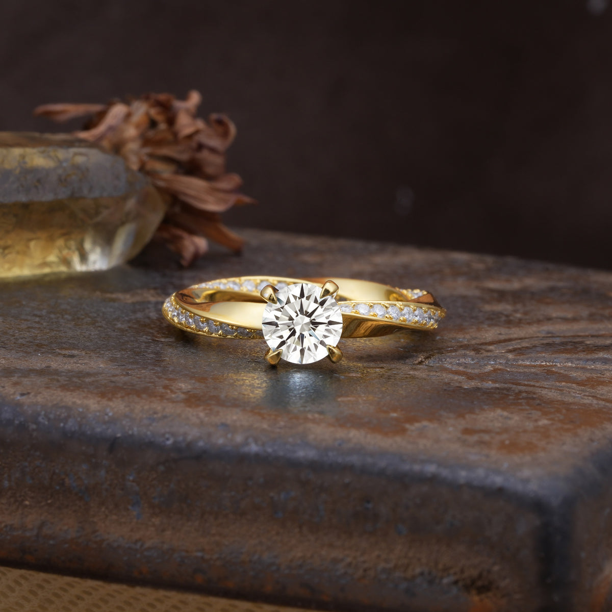 Unique Twisted Ring With 4 Prong Round Cut Lab Diamond Engagement Ring - Additional view