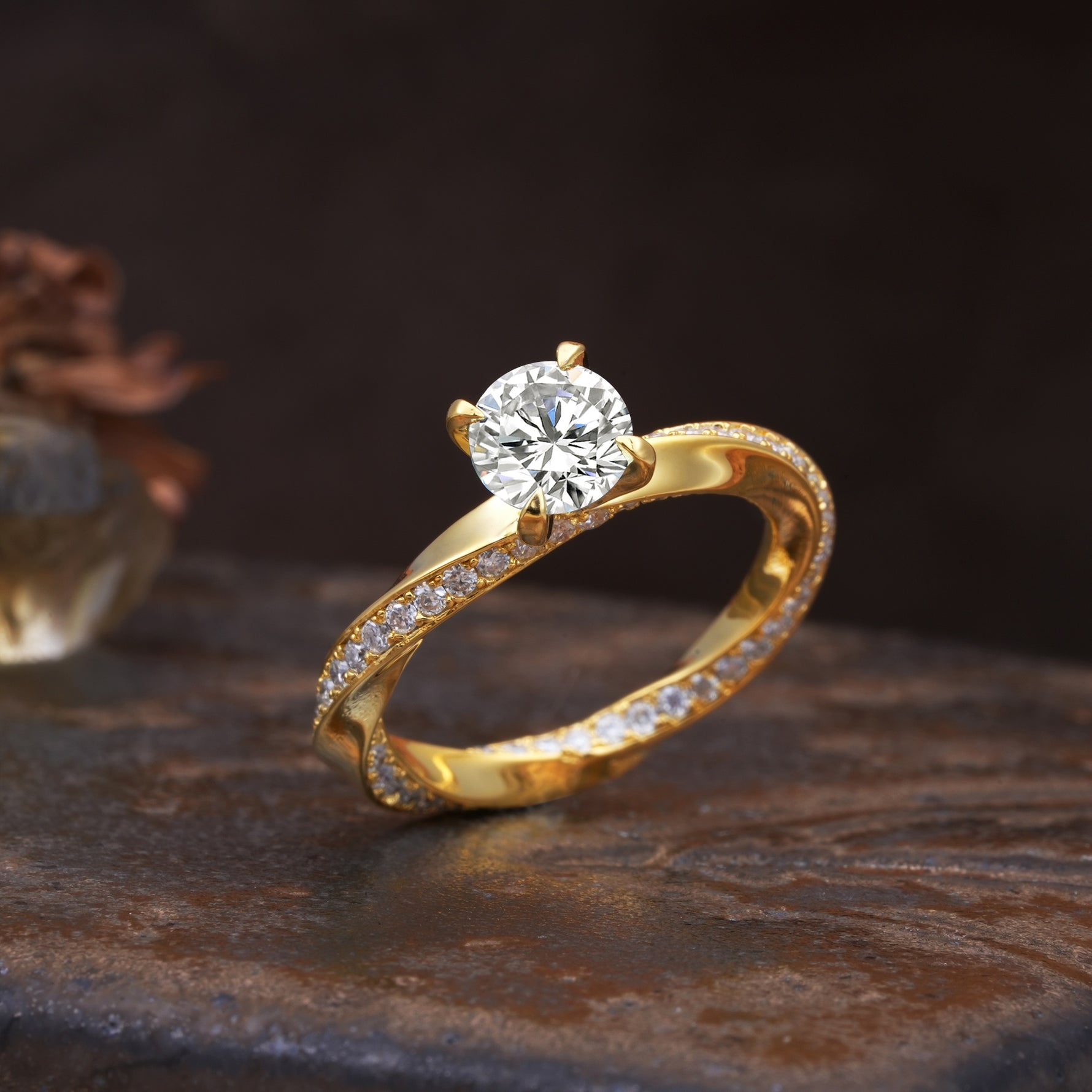 Unique Twisted Ring With 4 Prong Round Cut Lab Diamond Engagement Ring - Additional view