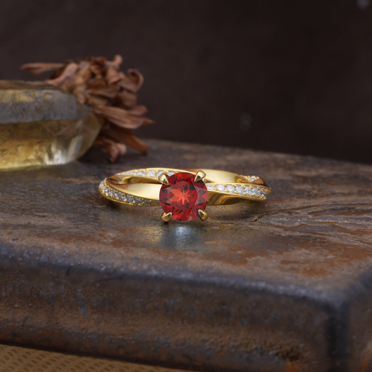 Unique Twisted Ring With 4 Prong Round Cut Garnet Engagement Ring - Additional view
