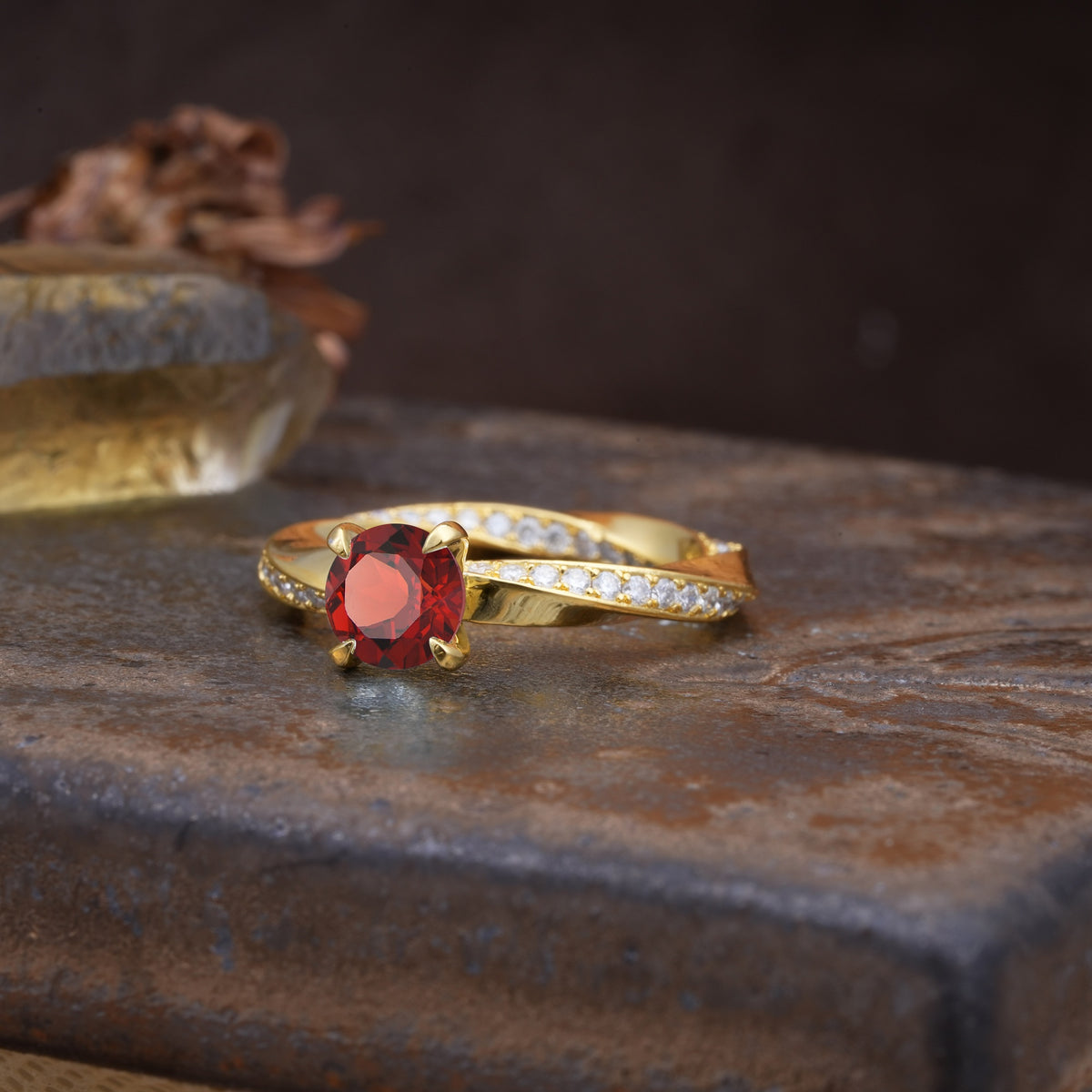 Unique Twisted Ring With 4 Prong Round Cut Garnet Engagement Ring - Additional view