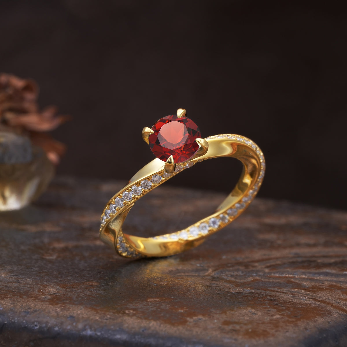 Unique Twisted Ring With 4 Prong Round Cut Garnet Engagement Ring - Additional view