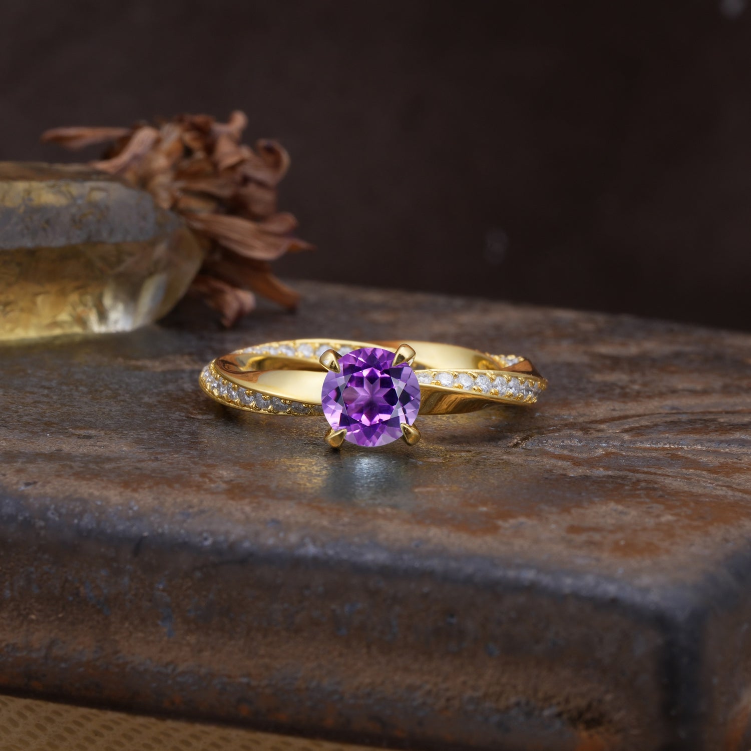 Unique Twisted Ring With 4 Prong Round Cut Amethyst Engagement Ring - Additional view