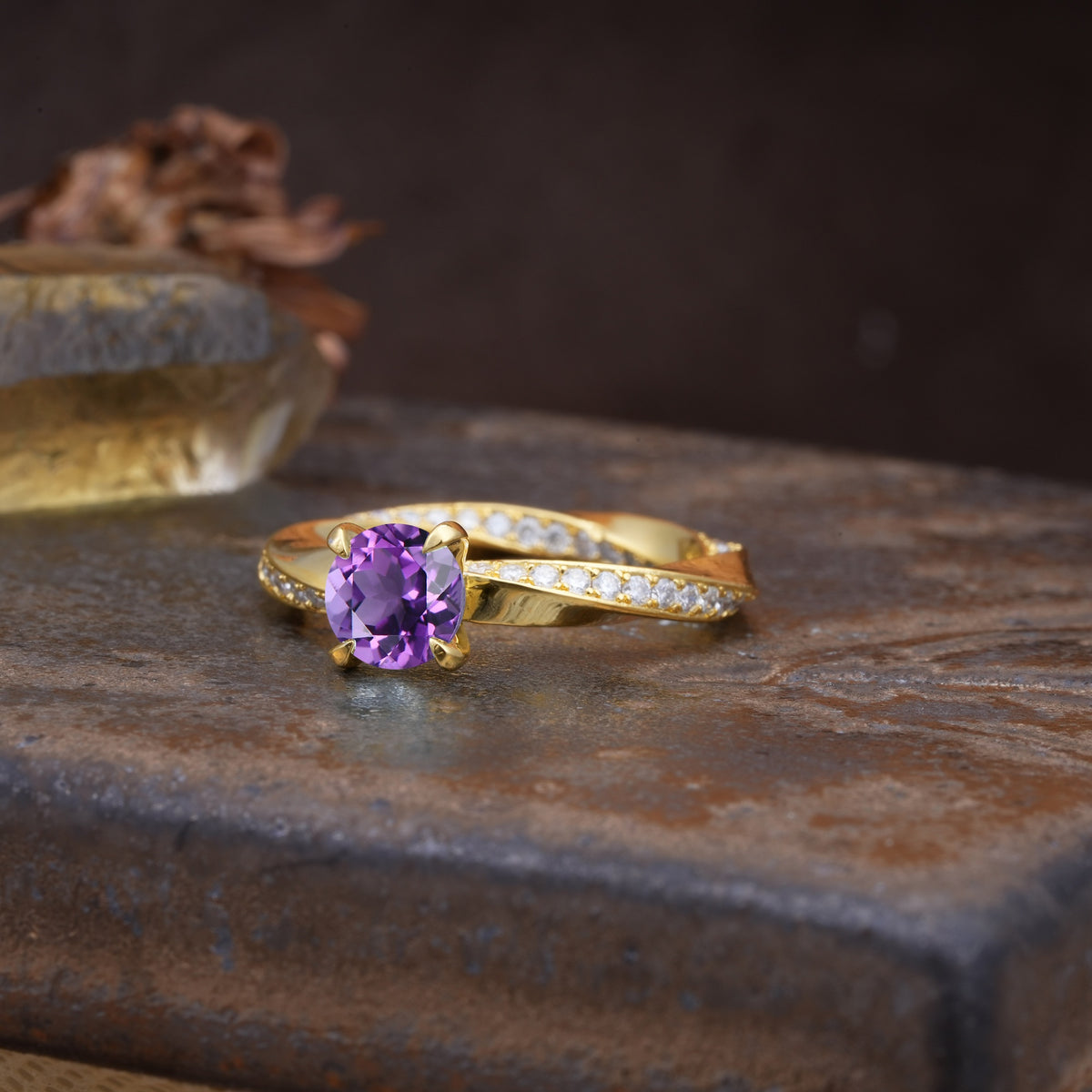 Unique Twisted Ring With 4 Prong Round Cut Amethyst Engagement Ring - Additional view