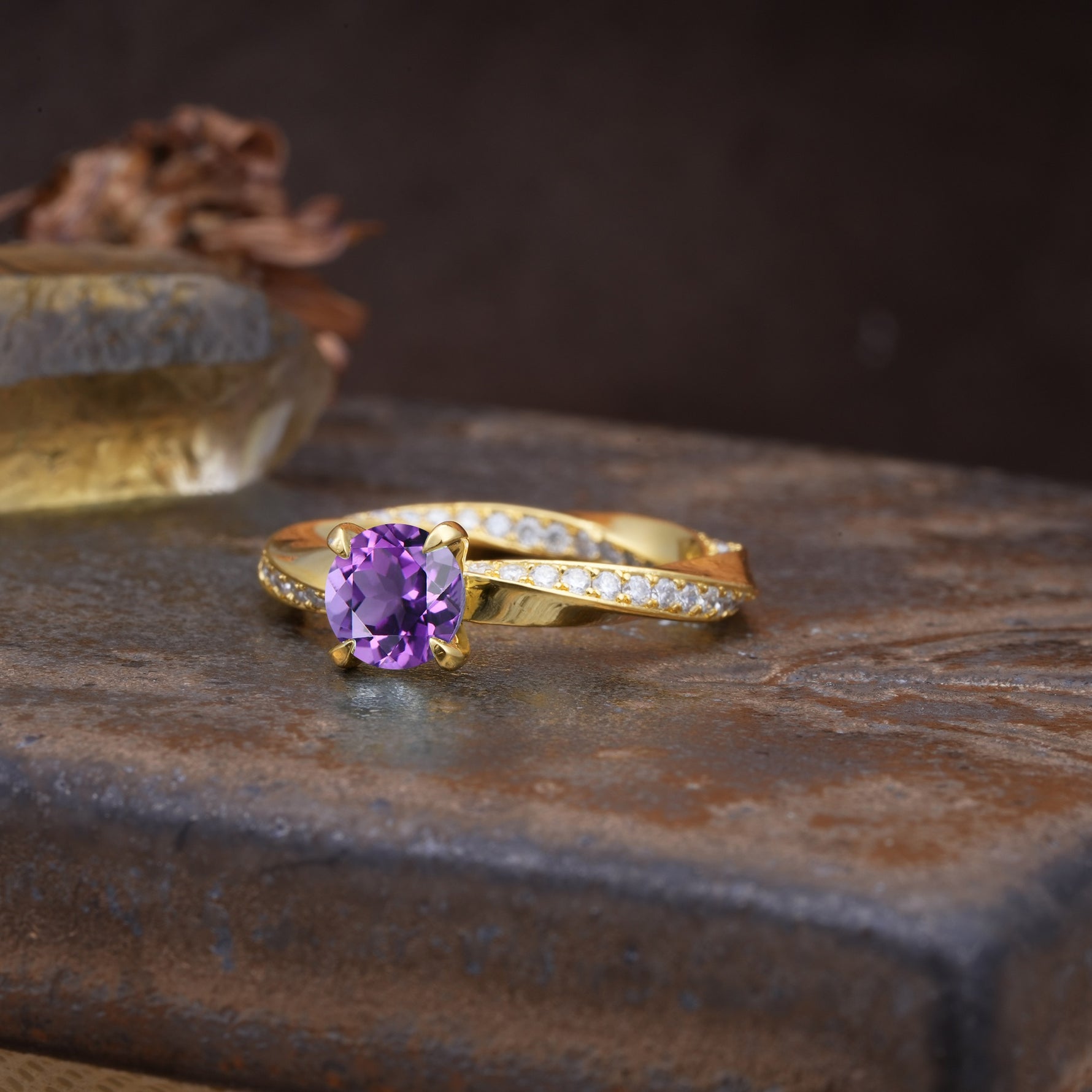 Unique Twisted Ring With 4 Prong Round Cut Amethyst Engagement Ring - Additional view