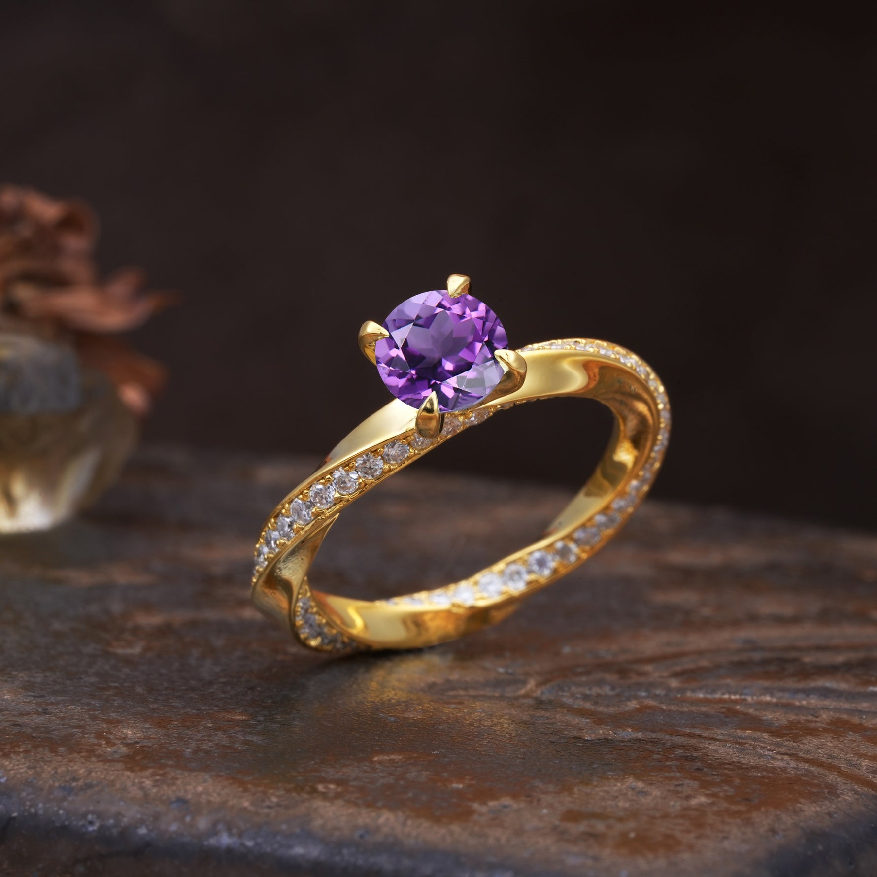 Unique Twisted Ring With 4 Prong Round Cut Amethyst Engagement Ring - Additional view