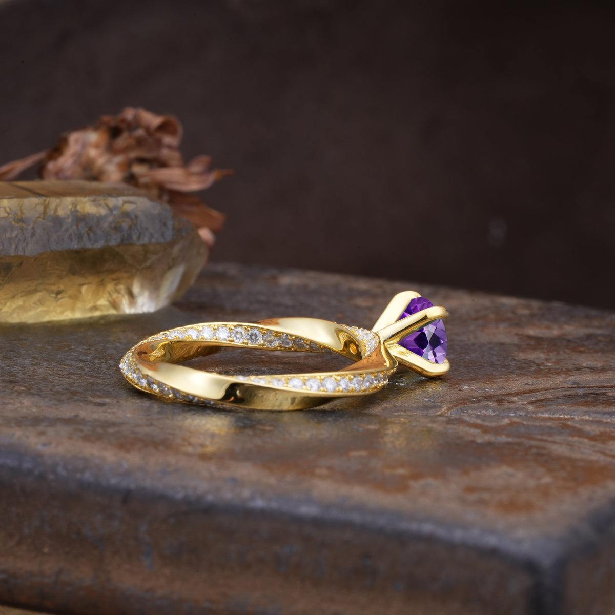 Unique Twisted Ring With 4 Prong Round Cut Amethyst Engagement Ring - Additional view