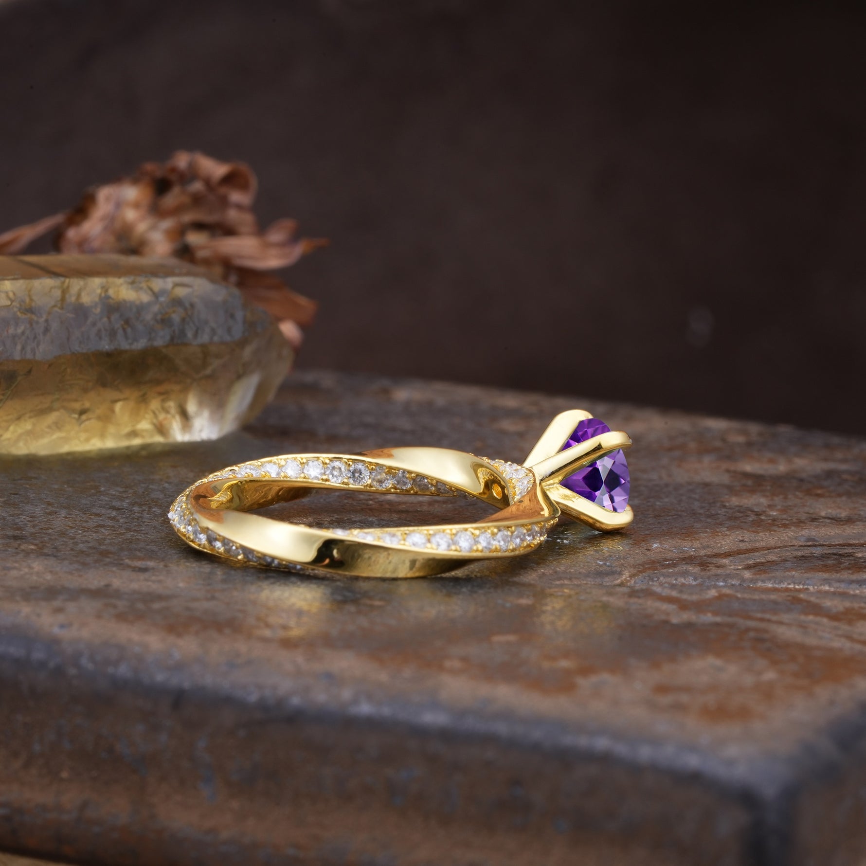 Unique Twisted Ring With 4 Prong Round Cut Amethyst Engagement Ring - Additional view