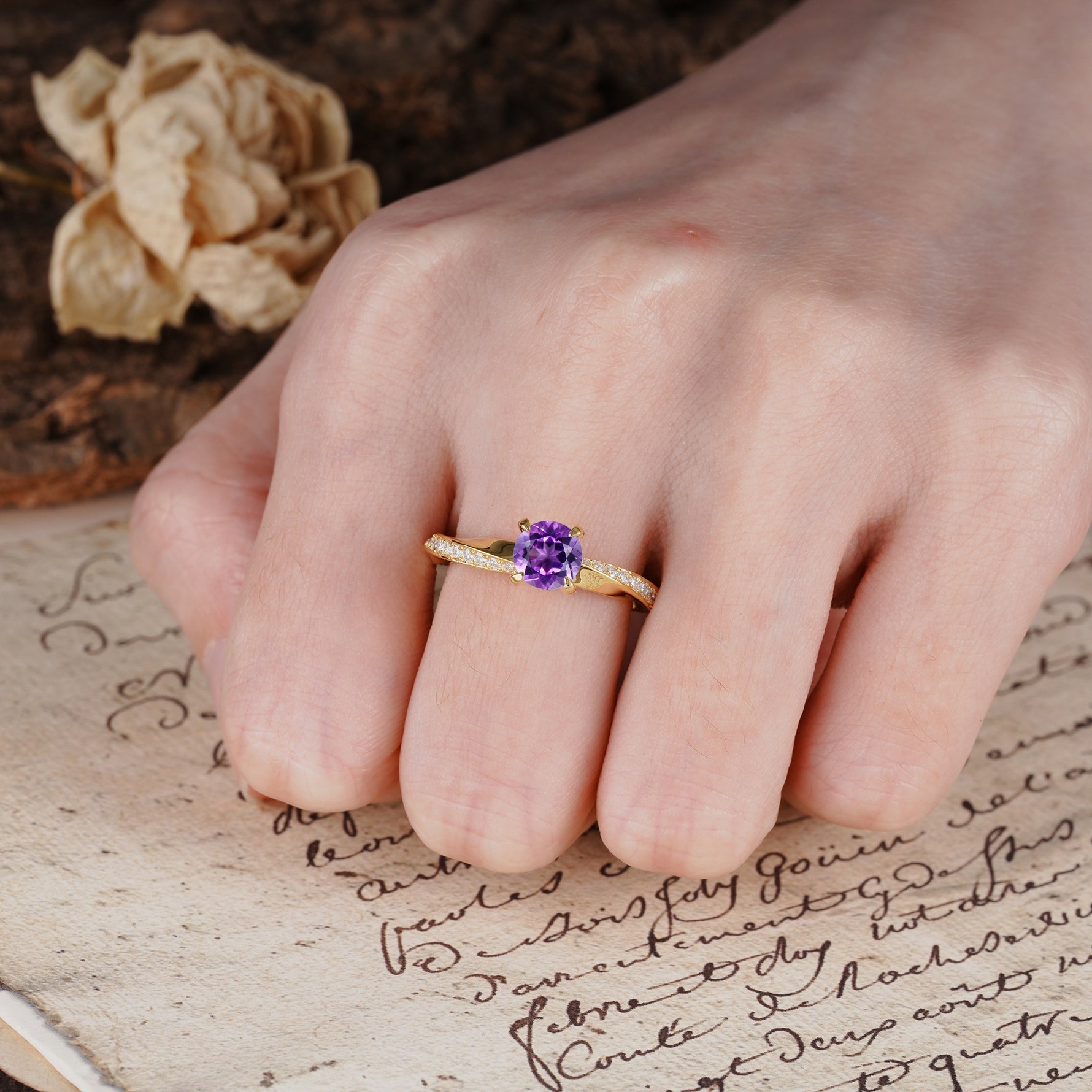 Unique Twisted Ring With 4 Prong Round Cut Amethyst Engagement Ring - Additional view