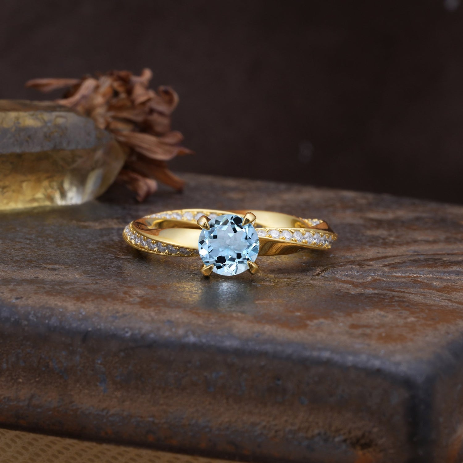 Unique Twisted Ring With 4 Prong Round Cut Aquamarine Engagement Ring