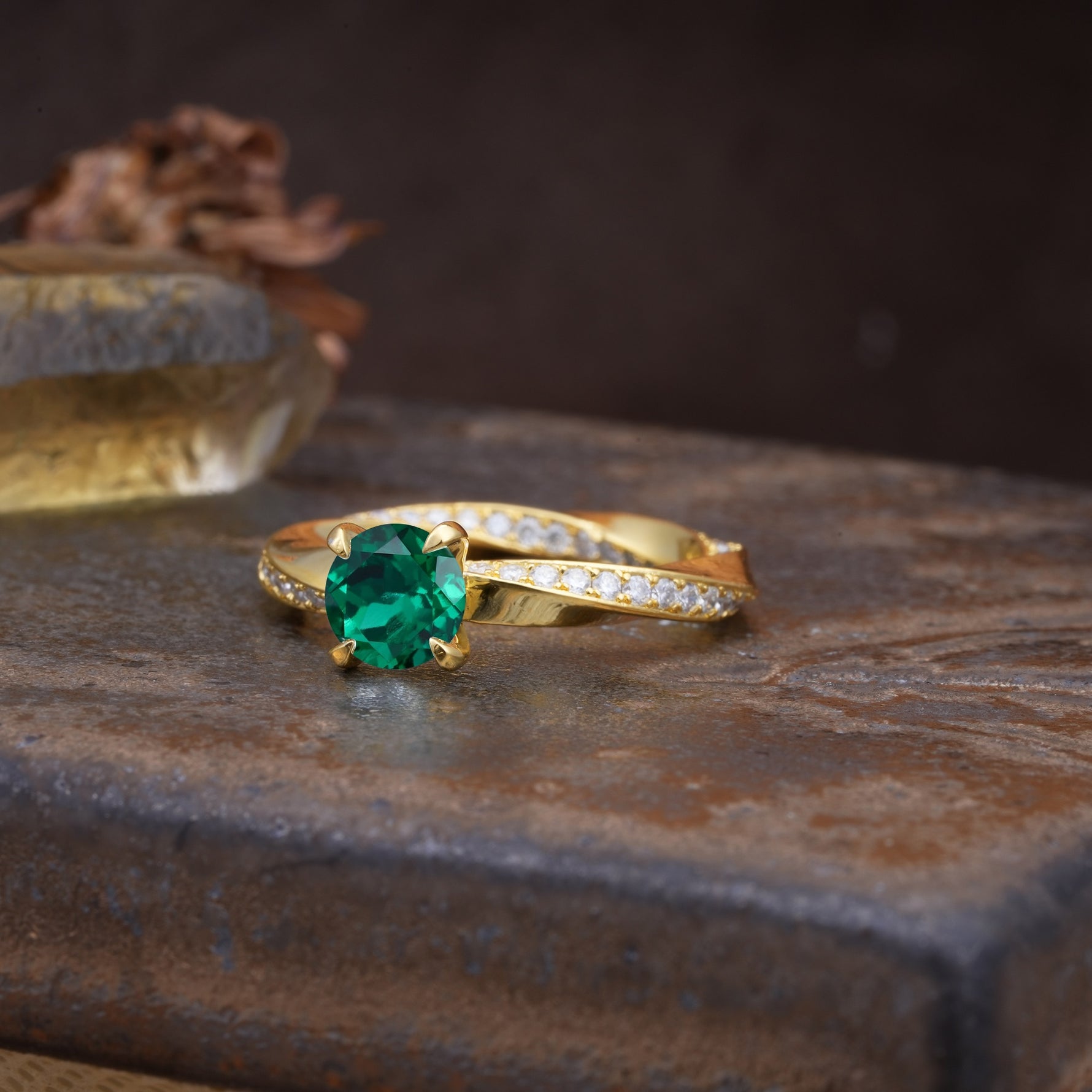 Unique Twisted Ring With 4 Prong Round Cut Emerald Engagement Ring - Additional view