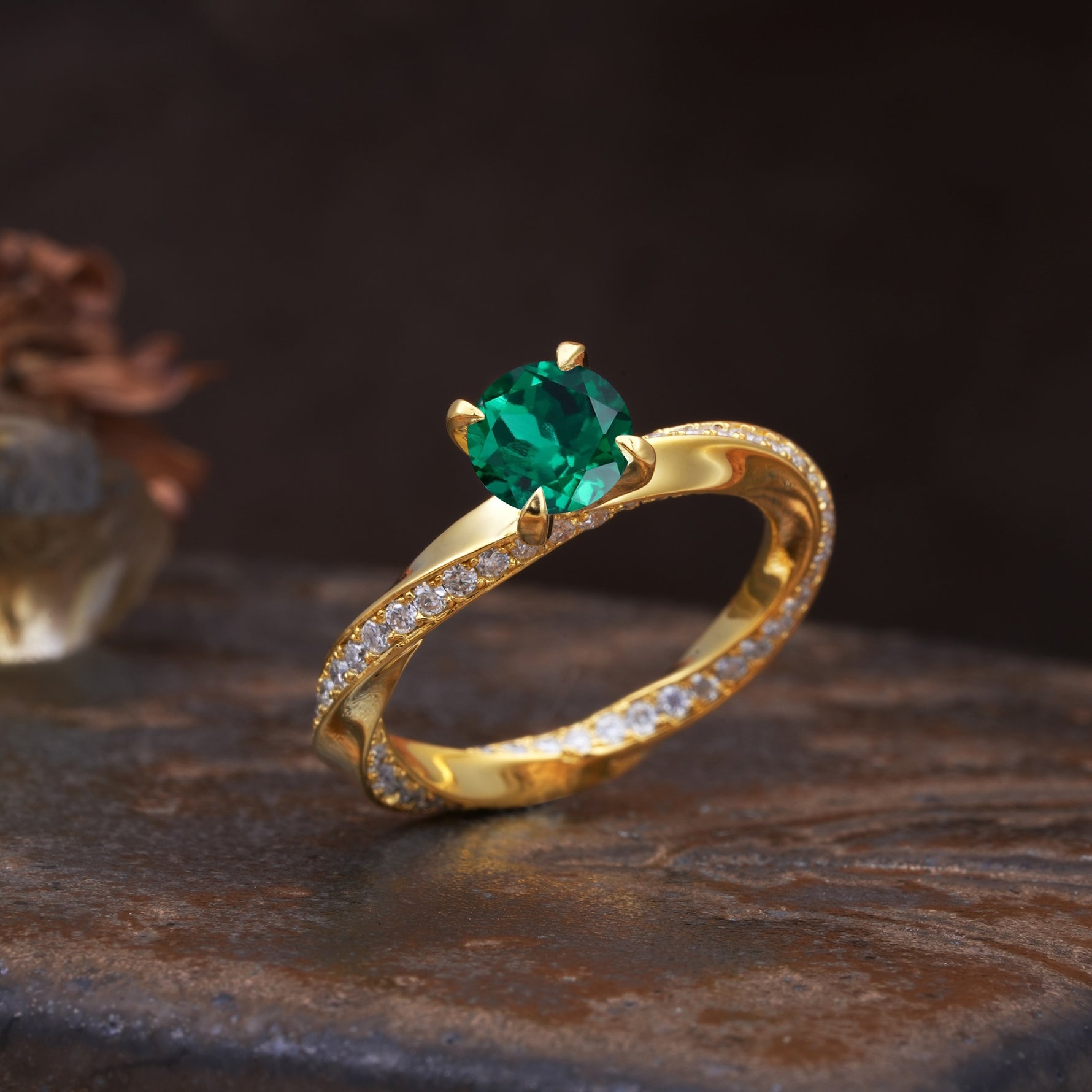 Unique Twisted Ring With 4 Prong Round Cut Emerald Engagement Ring - Additional view
