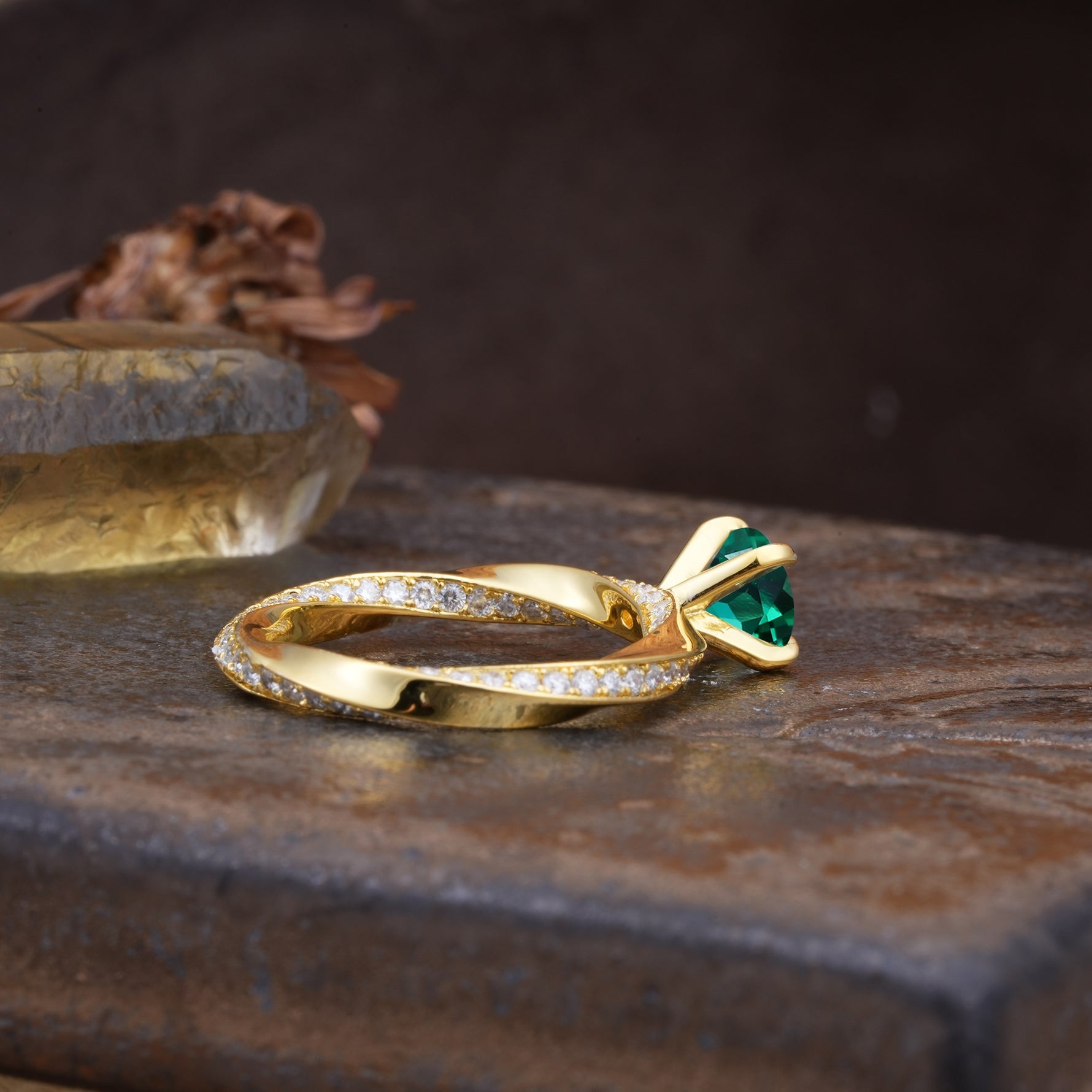 Unique Twisted Ring With 4 Prong Round Cut Emerald Engagement Ring - Additional view