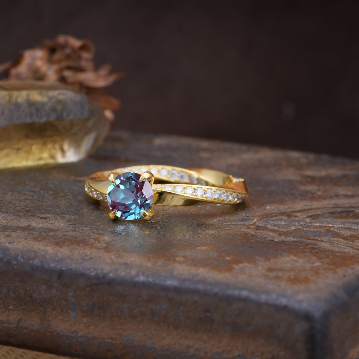 Unique Twisted Ring With 4 Prong Round Cut Alexandrite Engagement Ring - Additional view