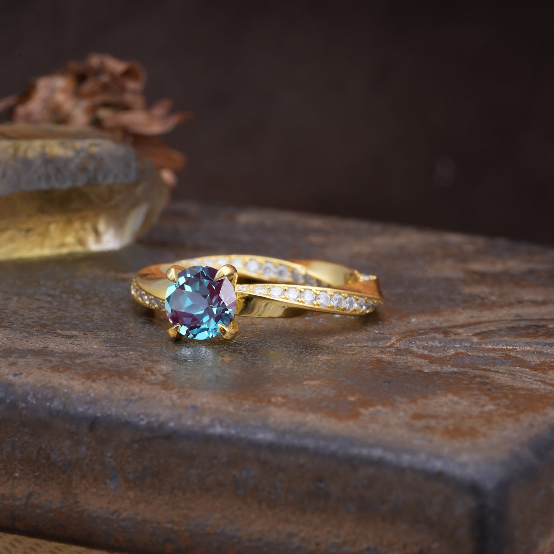 Unique Twisted Ring With 4 Prong Round Cut Alexandrite Engagement Ring - Additional view
