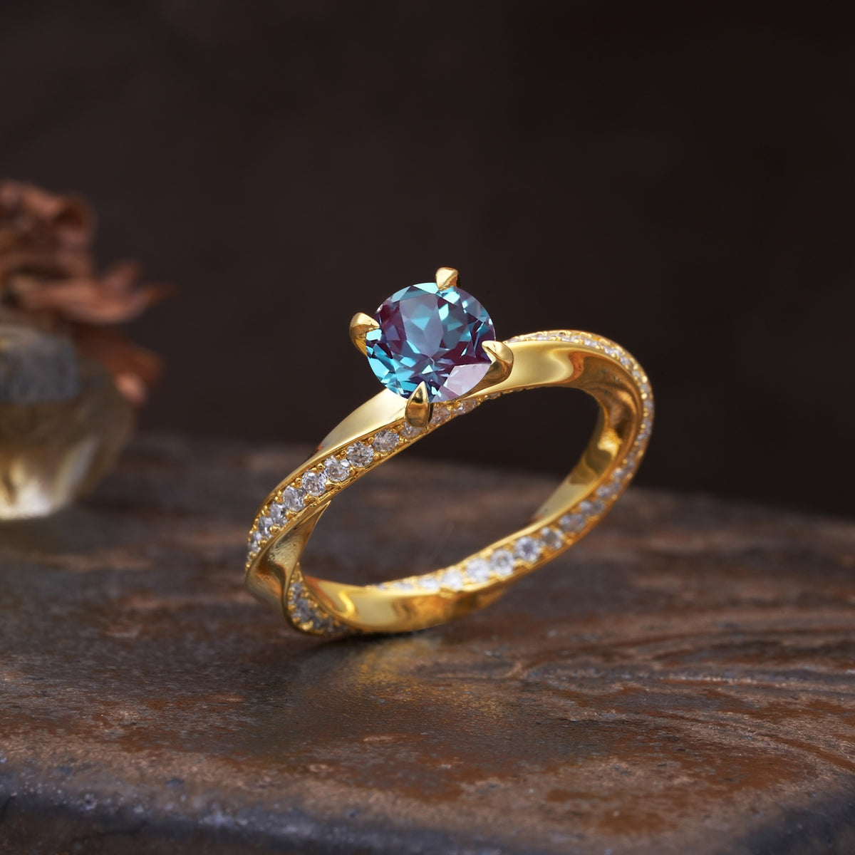 Unique Twisted Ring With 4 Prong Round Cut Alexandrite Engagement Ring - Additional view