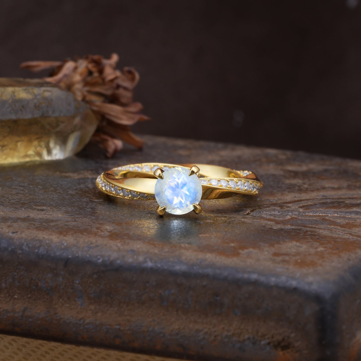 Unique Twisted Ring With 4 Prong Round Cut Moonstone Engagement Ring - Additional view