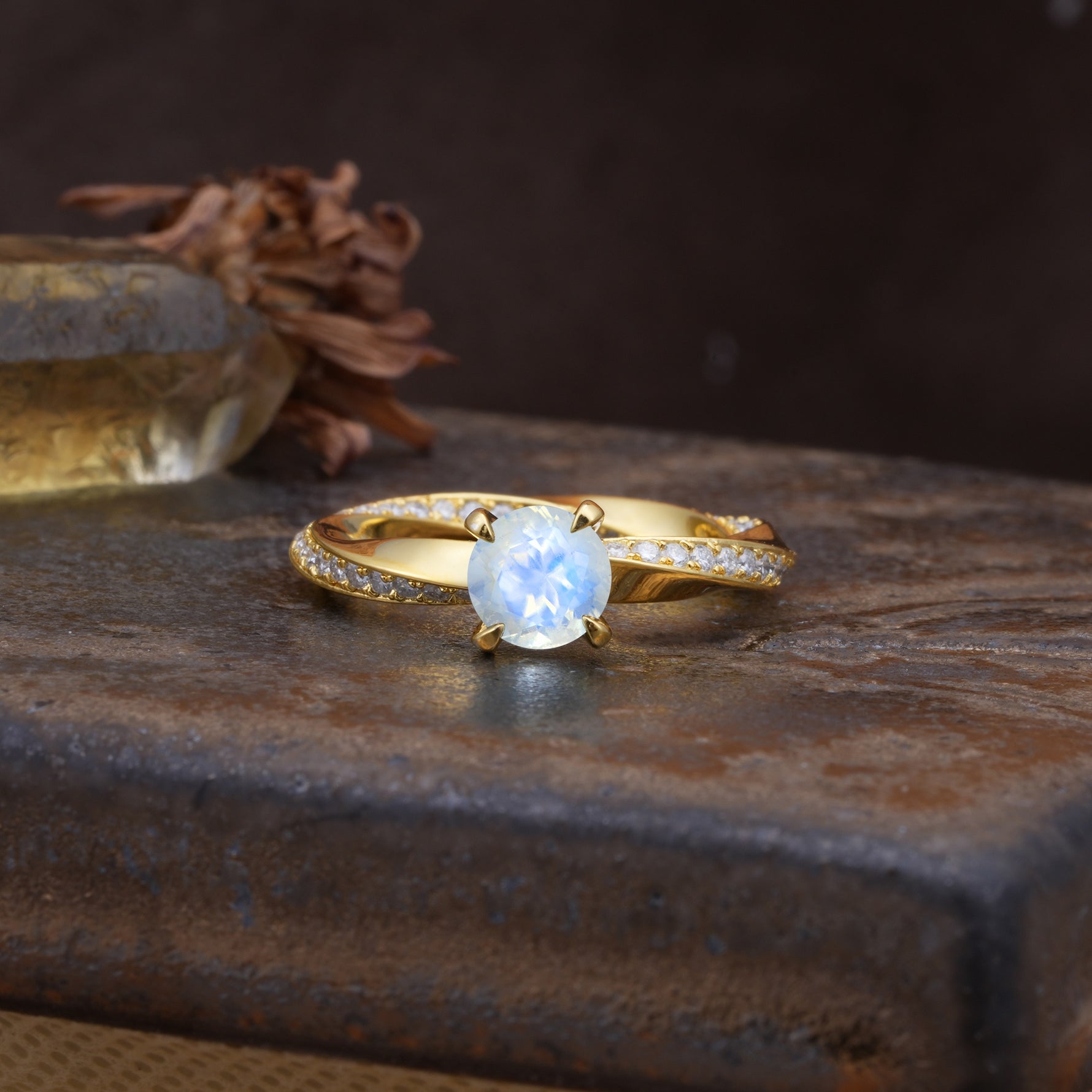 Unique Twisted Ring With 4 Prong Round Cut Moonstone Engagement Ring - Additional view